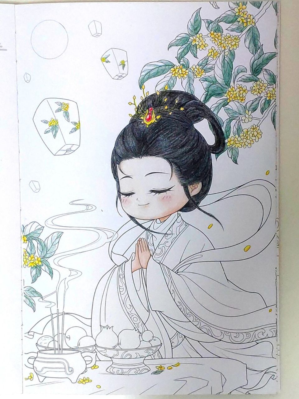 古风拜月少女 附绘画过程 今天画的古风少女拜月图,彩铅画涂色,祝大家