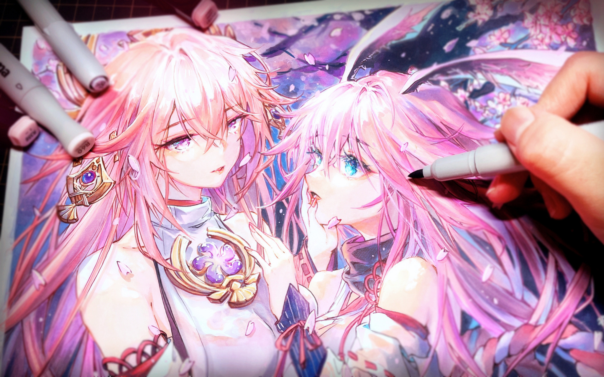 【马克笔】八重神子&八重樱 原神贴贴系列1——八重樱:你怎么和我长得