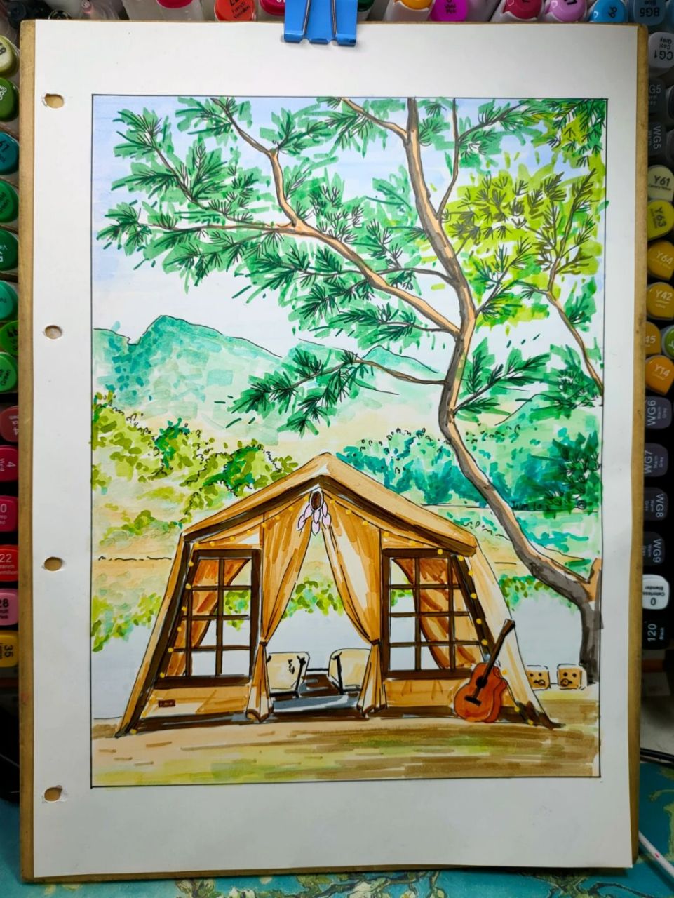 马克笔风景画《露营9115》 好想休息 好累 大家都在放松休息 只有