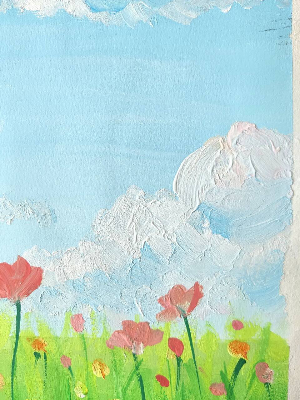 水粉画《春日花海风景》附细节图 春天来了,阳光明媚,会画画的红薯们