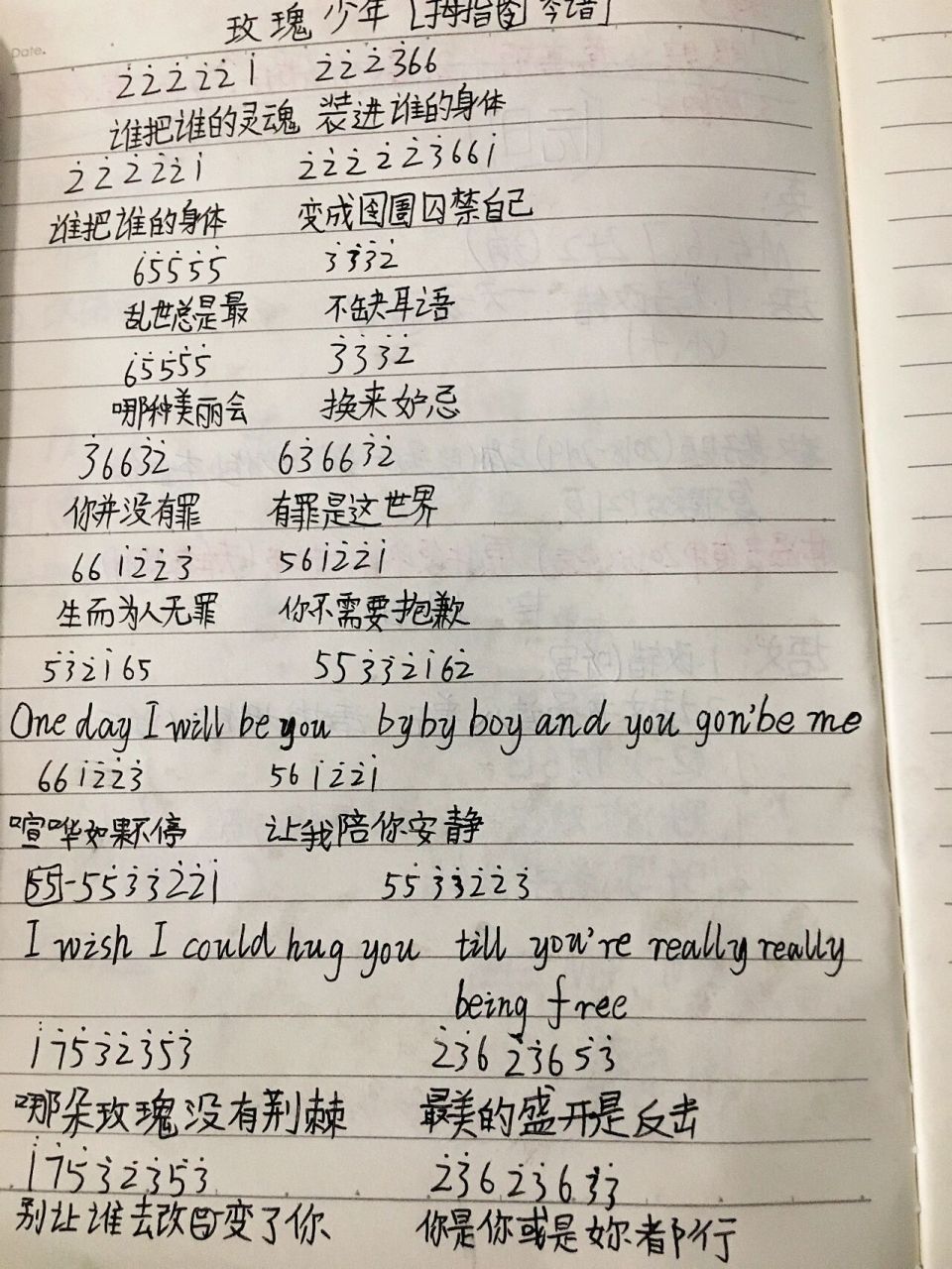 拇指琴《玫瑰少年》简谱(字丑勿喷)