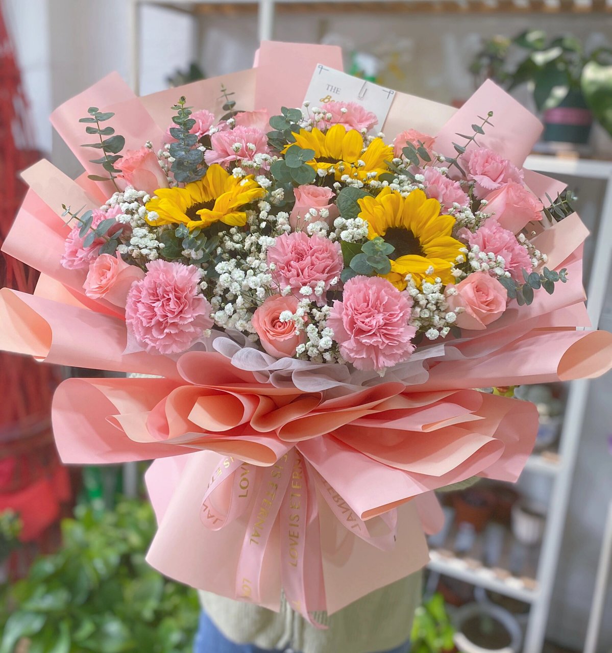粉色康乃馨混搭向日葵 康乃馨花束