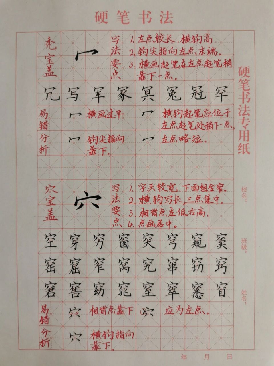 点画居中. 2.相背点左低右高. 3.其他和秃宝盖写法相同.