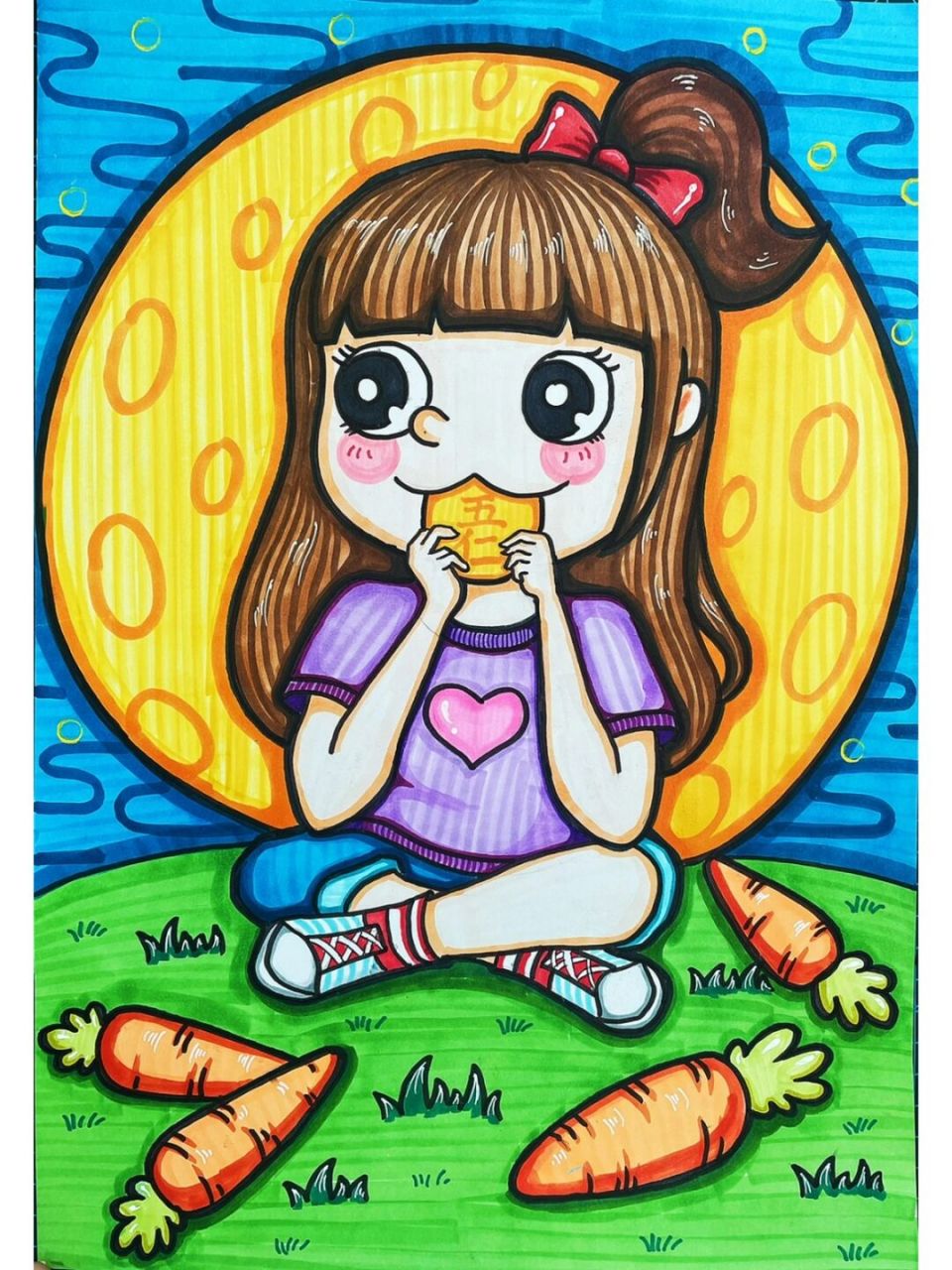 马克笔中秋节主题绘画 中秋节主题绘画,吃月饼,玉兔,八月十五 动漫