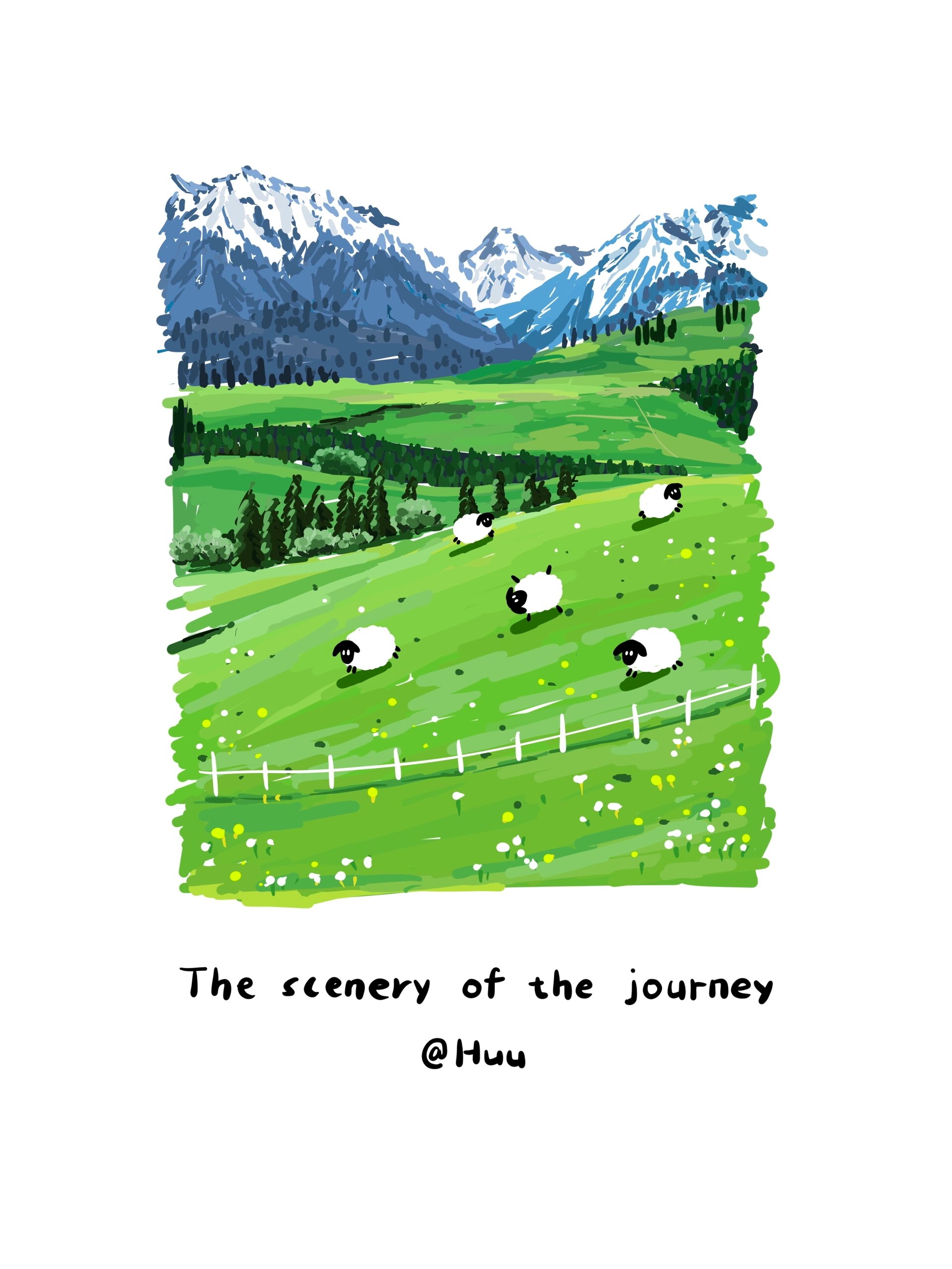day178|速写风景|青青草原和羊羊