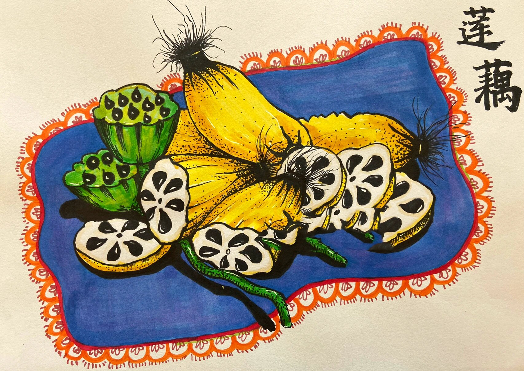 创意美术 适合8-10岁 莲藕 莲蓬 工具材料:铅笔,橡皮,中粗勾线笔,马克