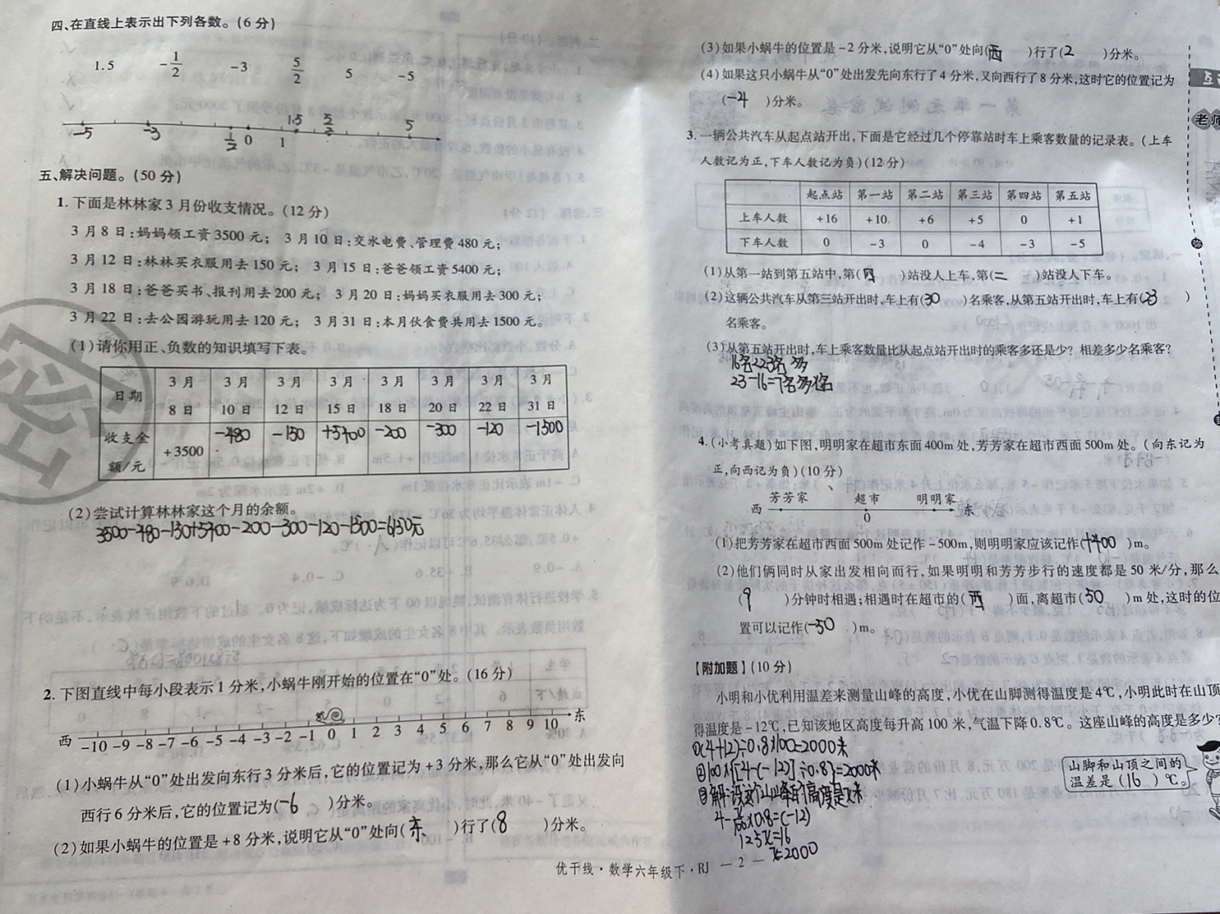 六年级下册数学《优干线》试卷第一单元负数 #六年级