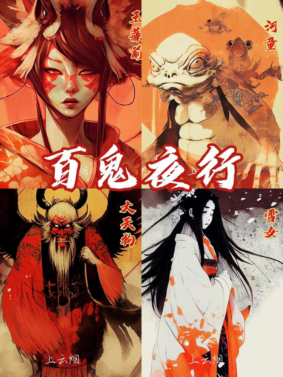 百鬼夜行系列之一 传说中日本的妖怪:河童,大天狗,玉藻前,雪女 	 图二
