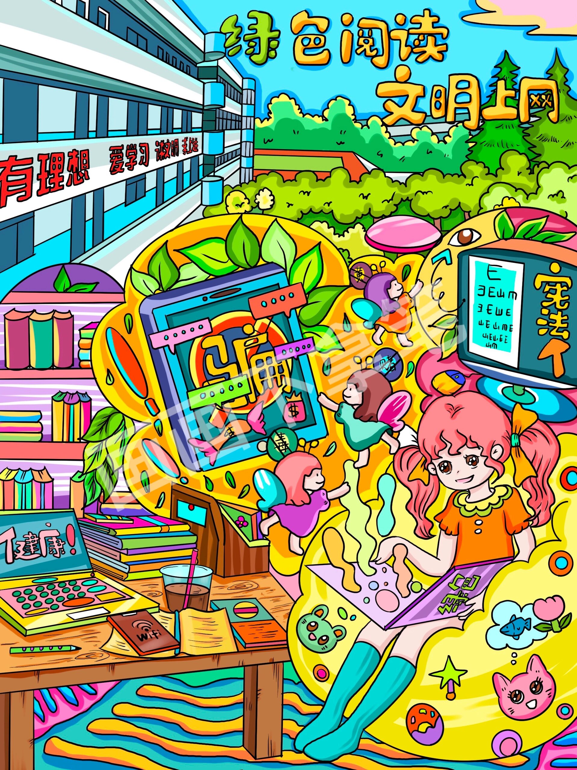 绿色阅读 文明上网 主题画98附线稿