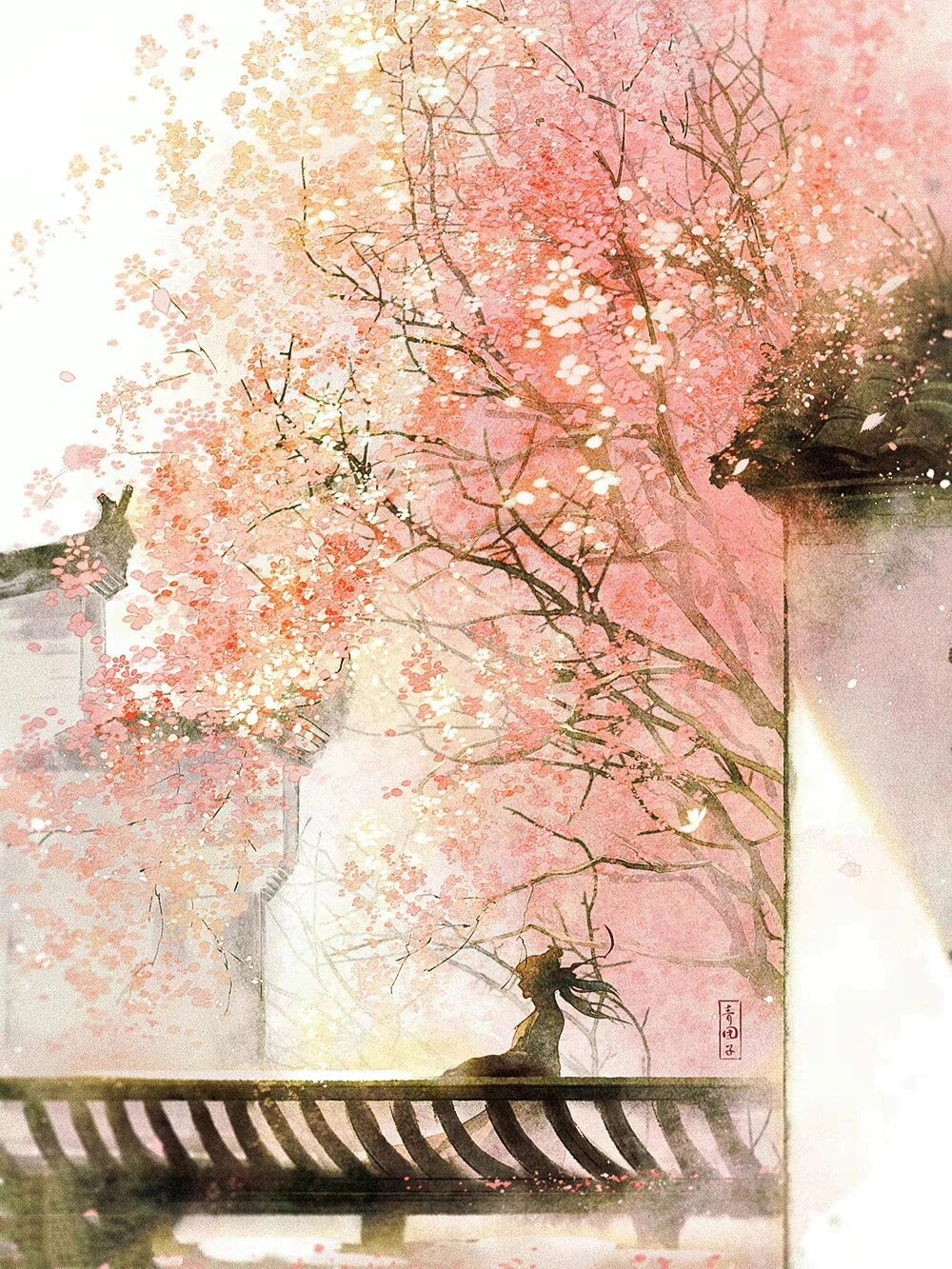 古风|插画 春花粉色红,春雾缭朦胧 古风景色手绘插画师推荐,见左下角