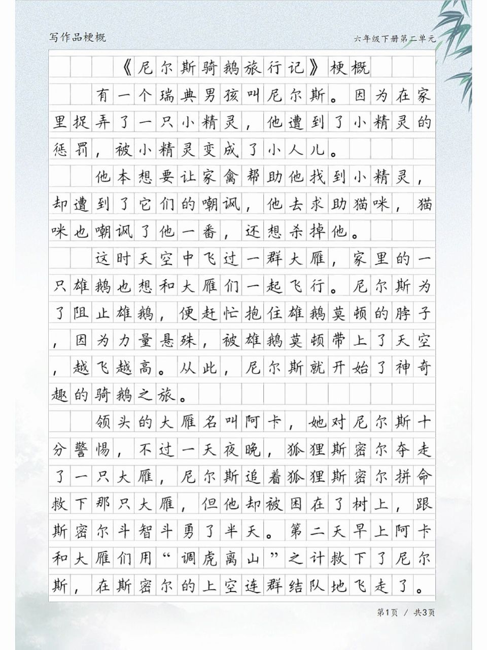 写作品梗概:习作《尼尔斯骑鹅旅行记》梗概