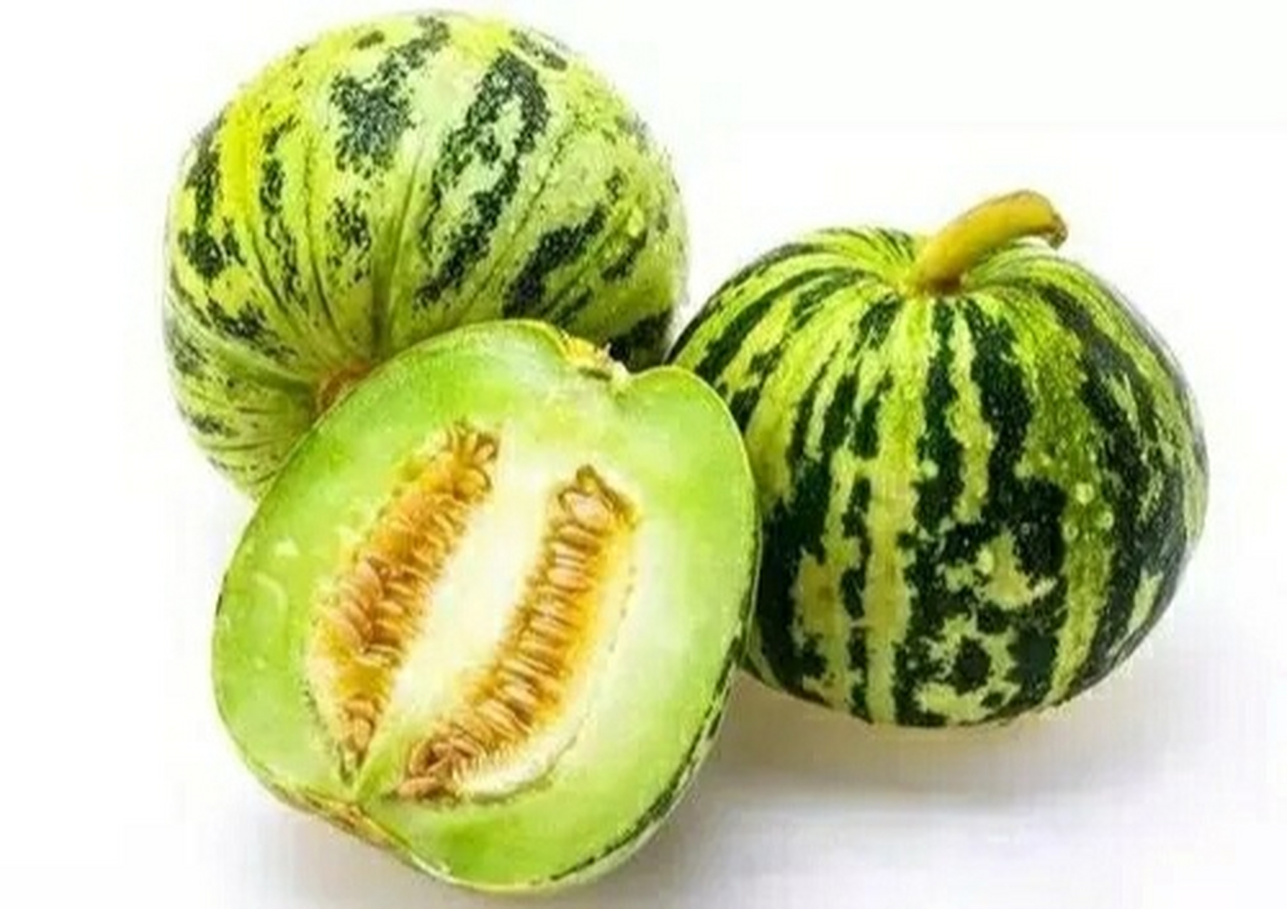 首先看一下表面的花纹,一般来说这种甜瓜是,白绿相间的存在,绿色的