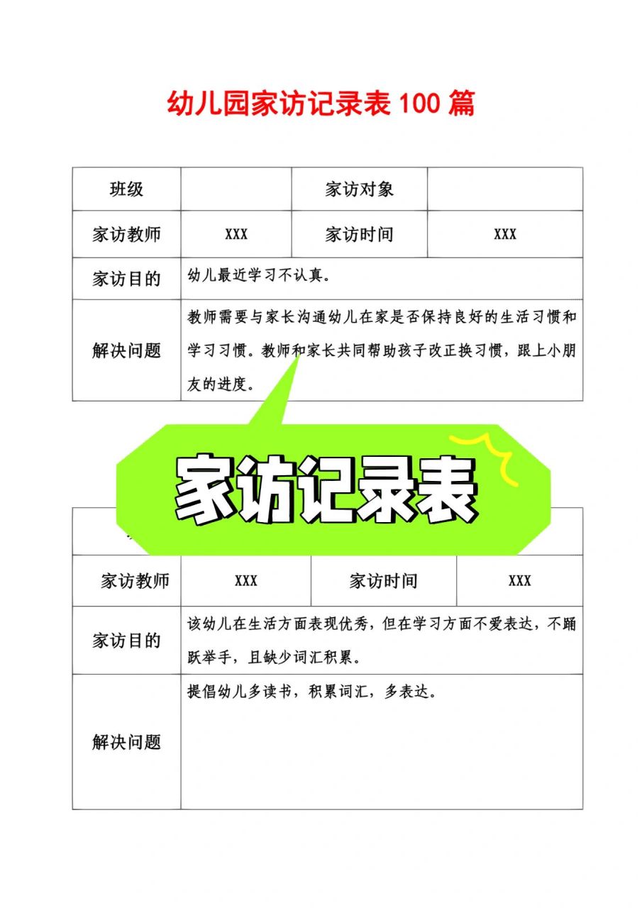 幼兒園家訪記錄表 幼兒園家訪記錄表,一共100篇,讓老師和家長更瞭解