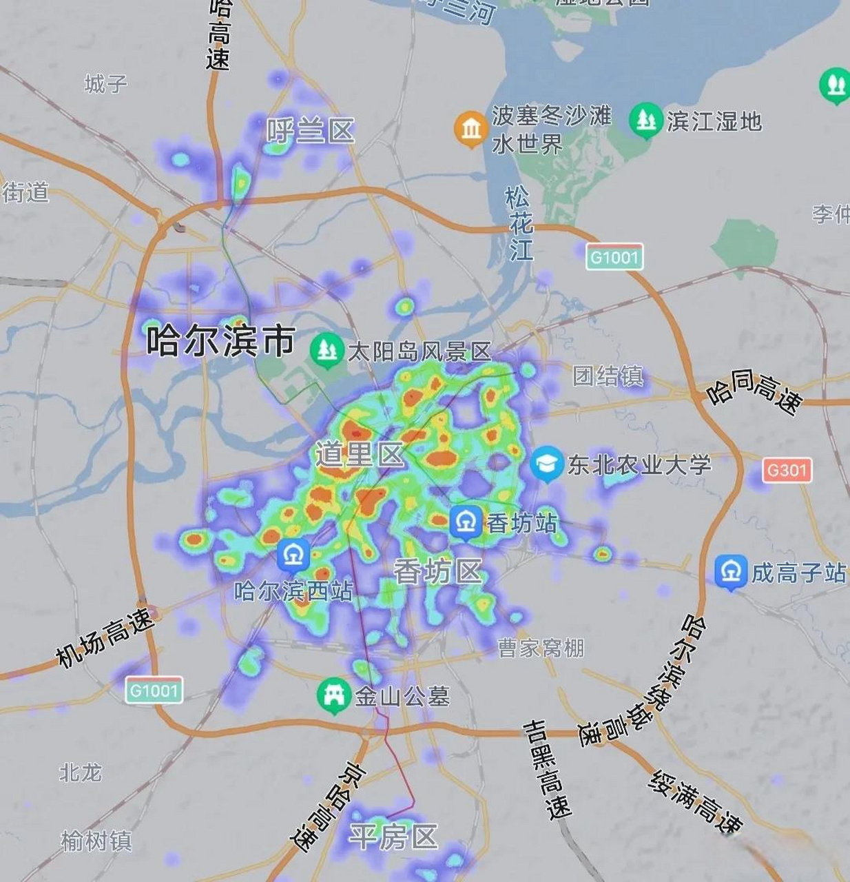 沈阳,长春,哈尔滨热力图对比,晚上22:50分同比例尺下我们来三座兄弟