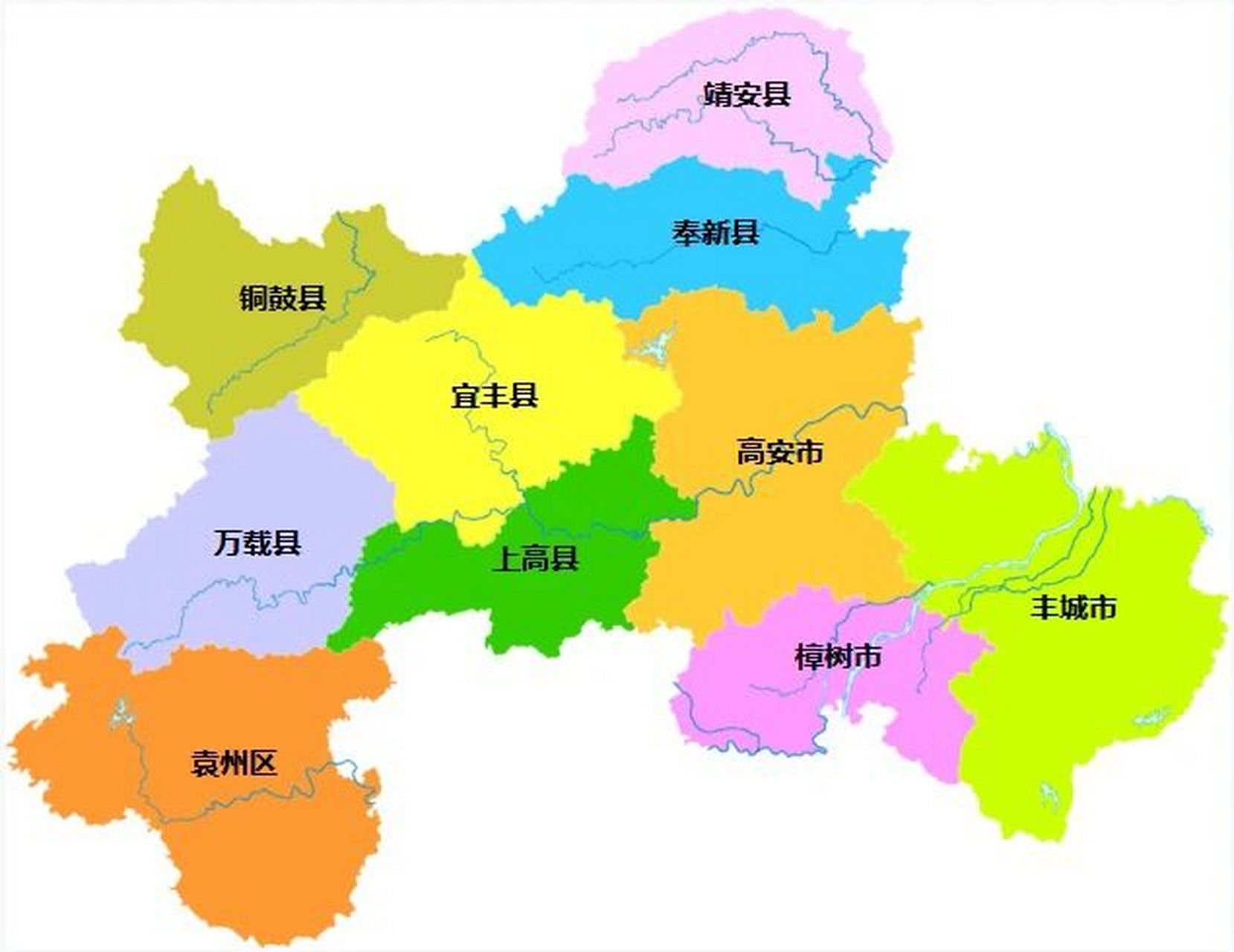 宜春全市划分为 1个区:袁州区 6个县:万载县,上高县,奉新县,宜丰县