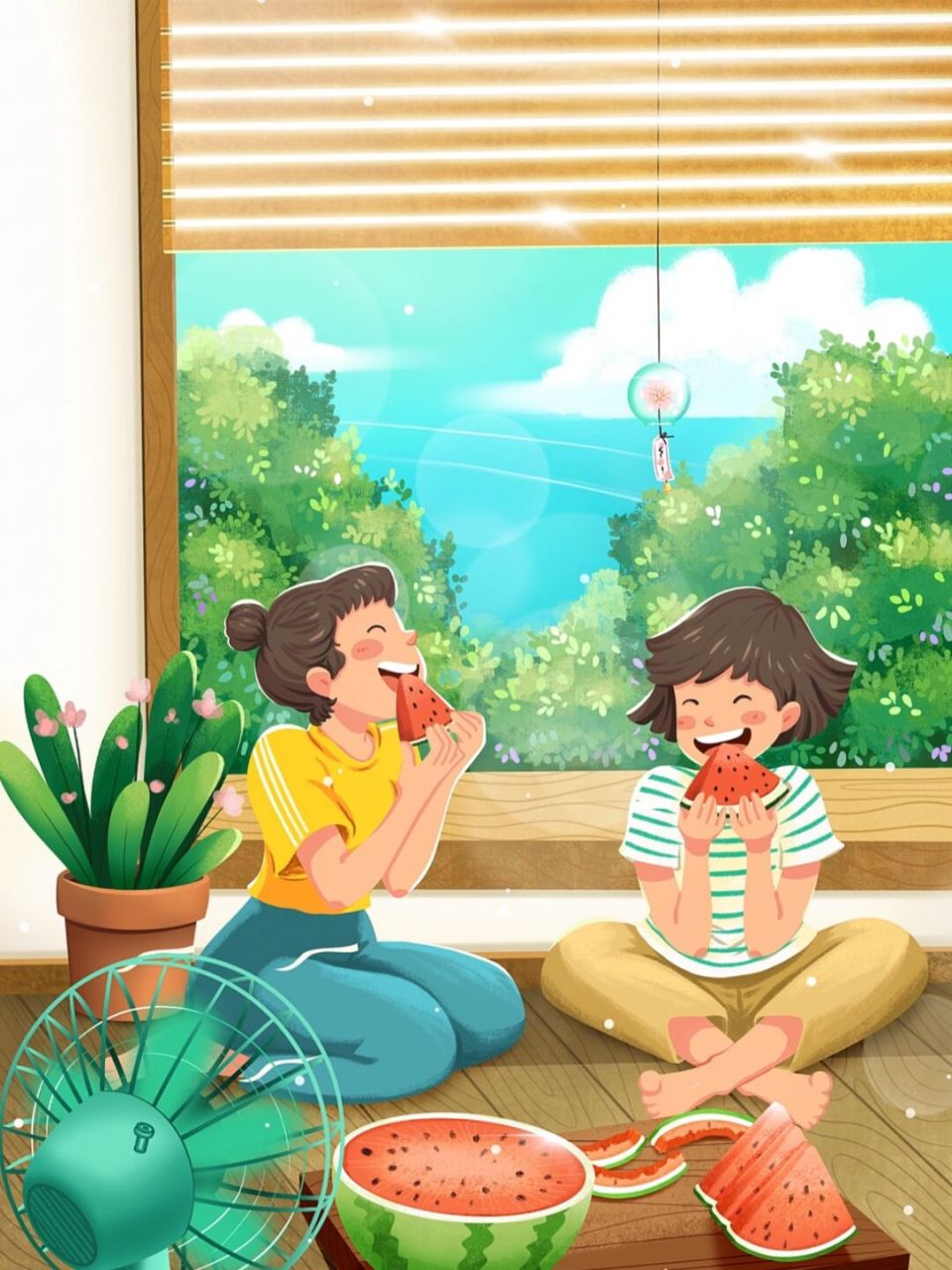 插画|吹着风吃西瓜的夏天 那一天坐在客厅看电视吃着西瓜919191