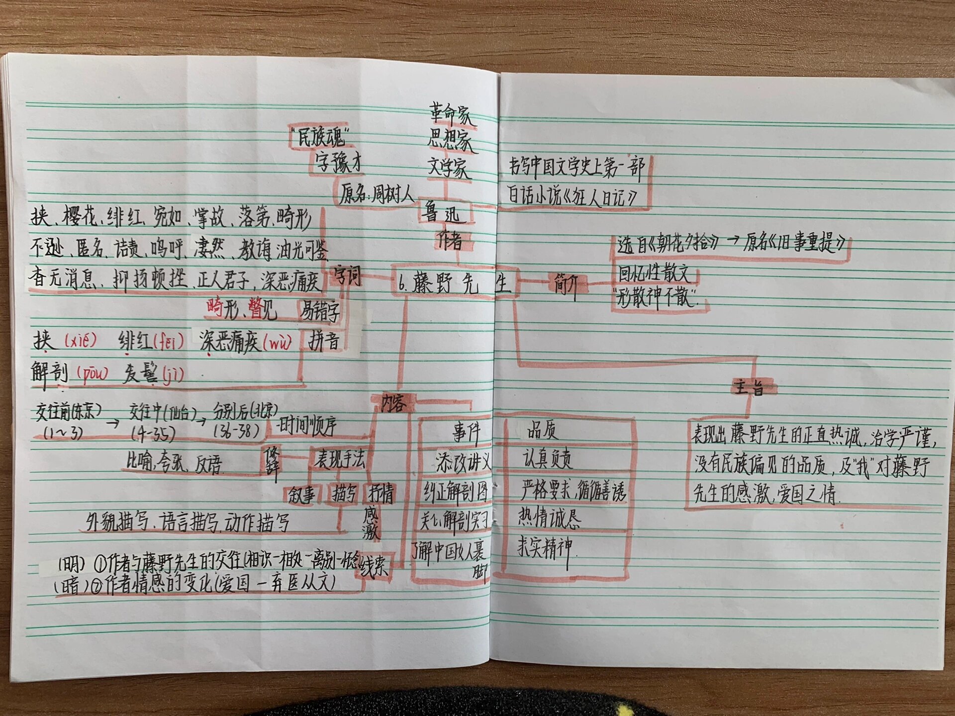 初二学生画的《藤野先生》思维导图.