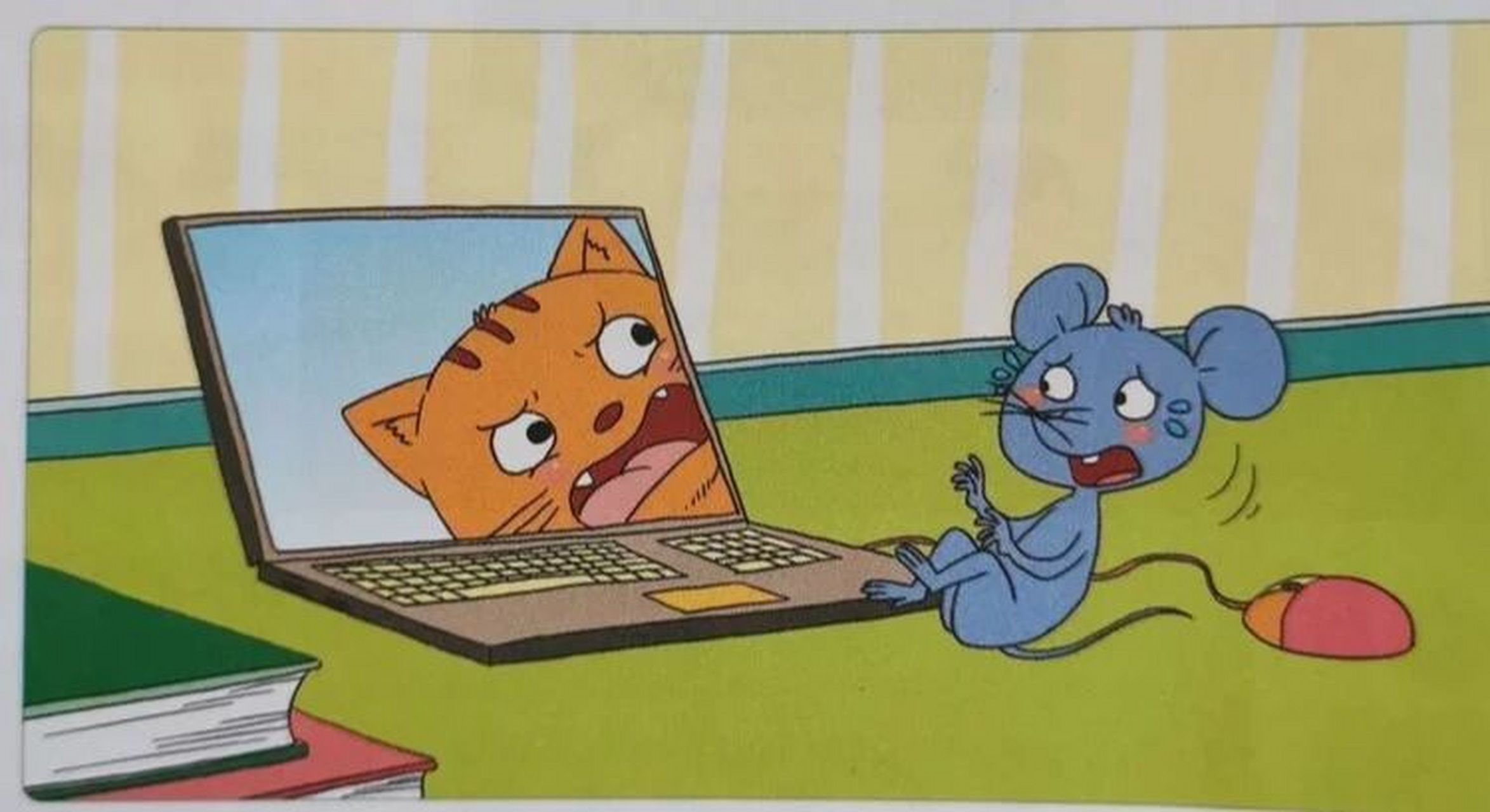 看图写话 猫和老鼠 小老鼠已经几天没有吃饭了,肚子饿得咕咕叫,它准备