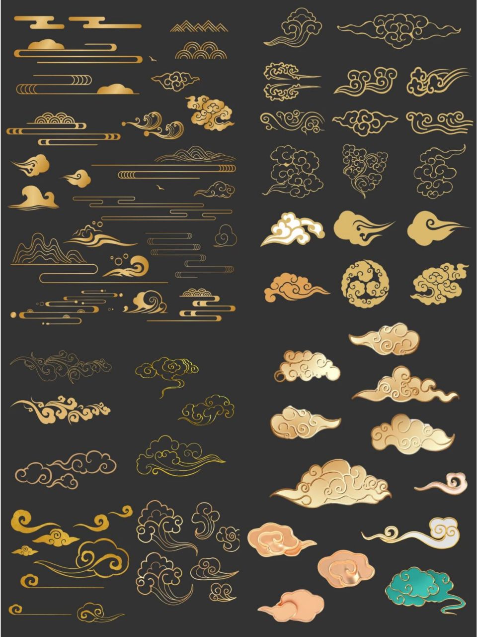 77素材|传统祥云云纹金色手绘立体素材 分享国风金色质感祥云 云纹