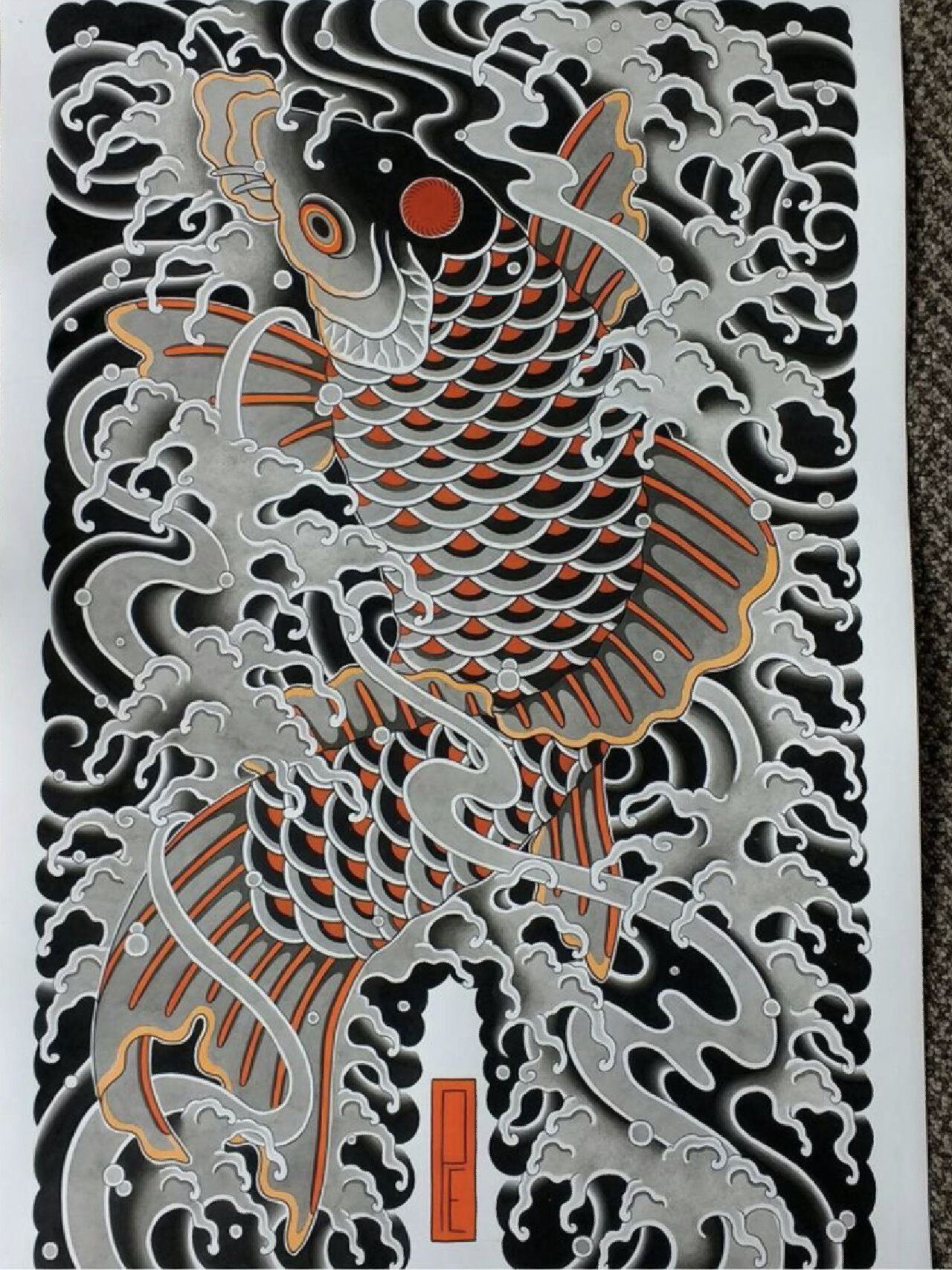 日式老传统满背鲤鱼纹身手稿