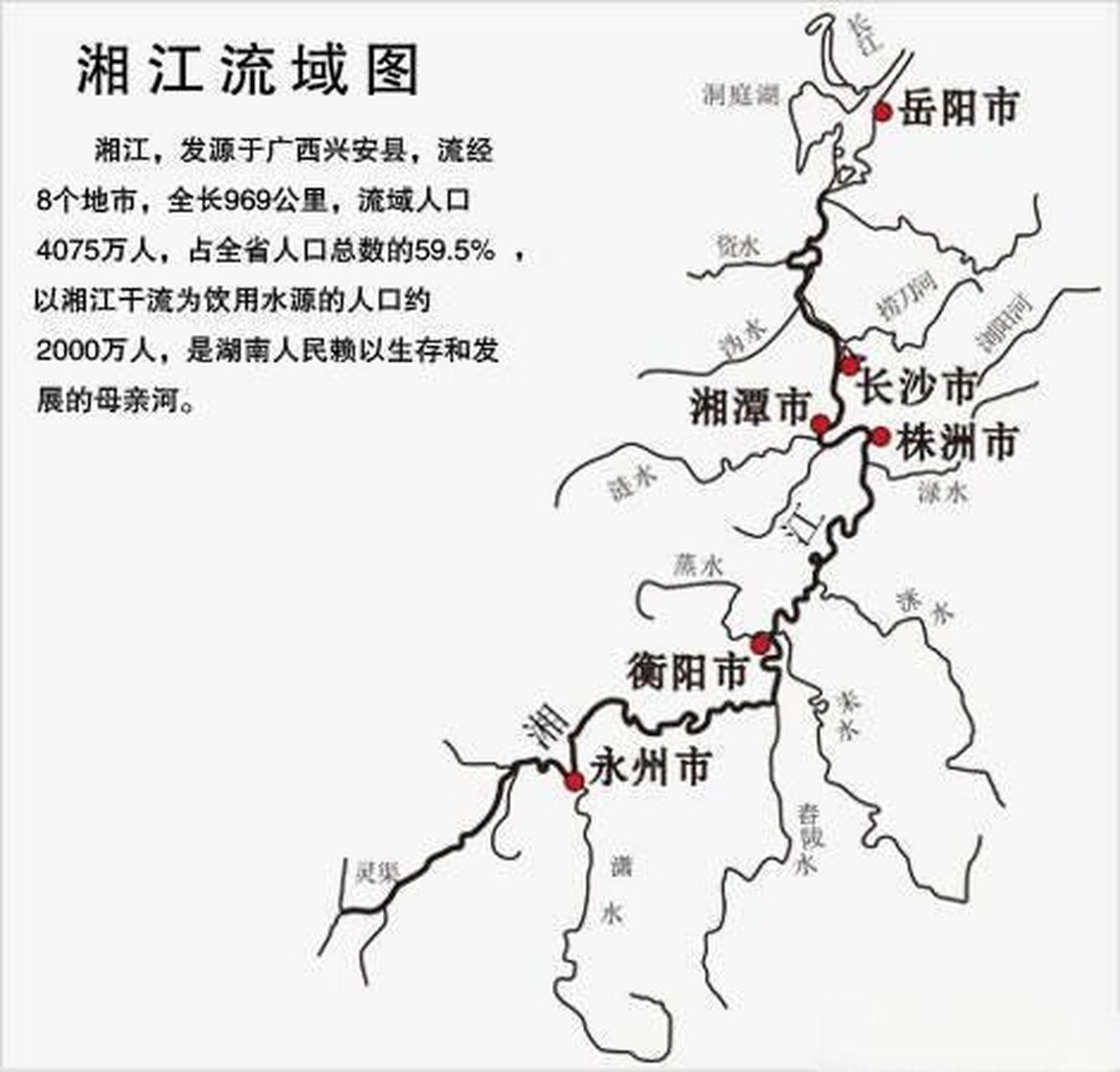 湘江流域图 湖南有"三湘四水"的说法,"四水"指的是湖南境内流入洞庭湖