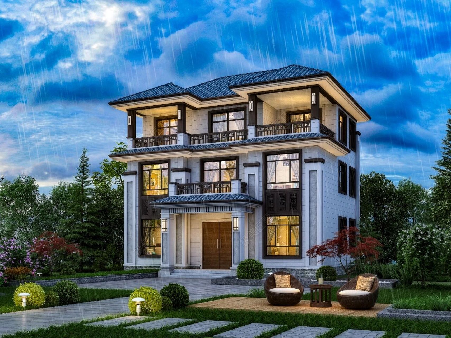 三层新中式自建别墅 建房特点:78:新农村就应该配新中式的别墅设计!