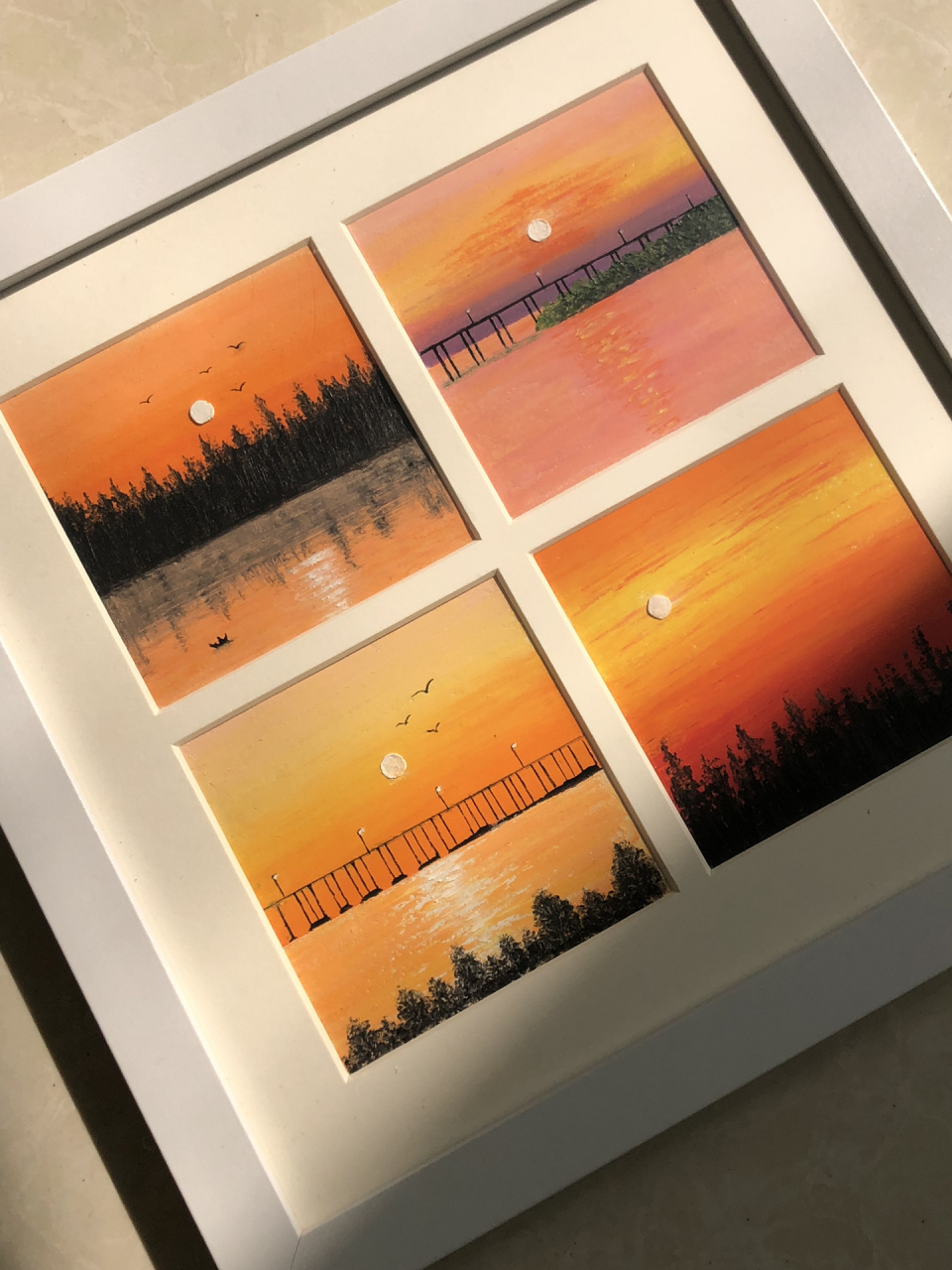 油画棒画~夕阳四宫格 落日归山海～ 下一句你来