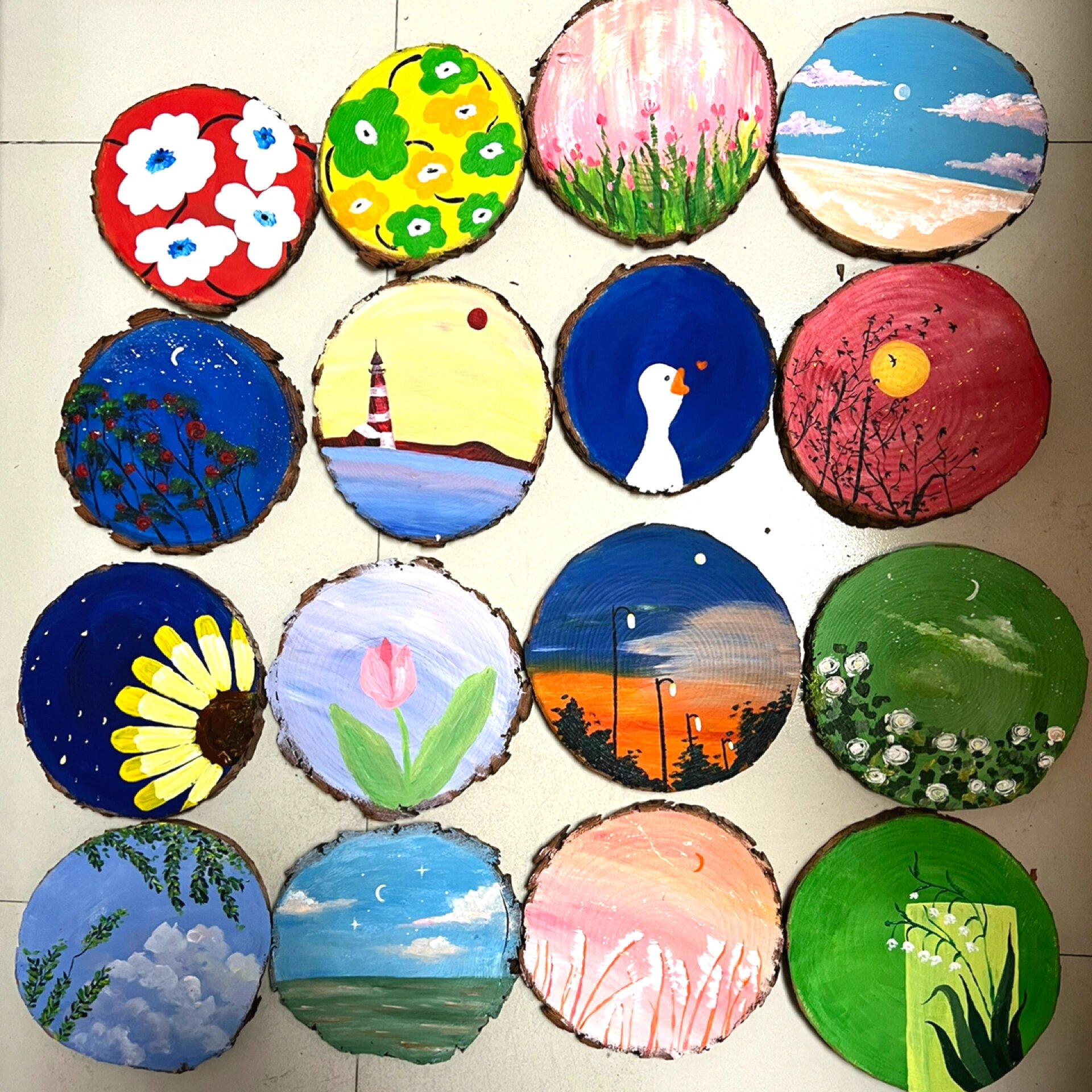 丙烯木桩圆木片绘画 随便选一个都能很快画好的简单圆形木片摆件,我一