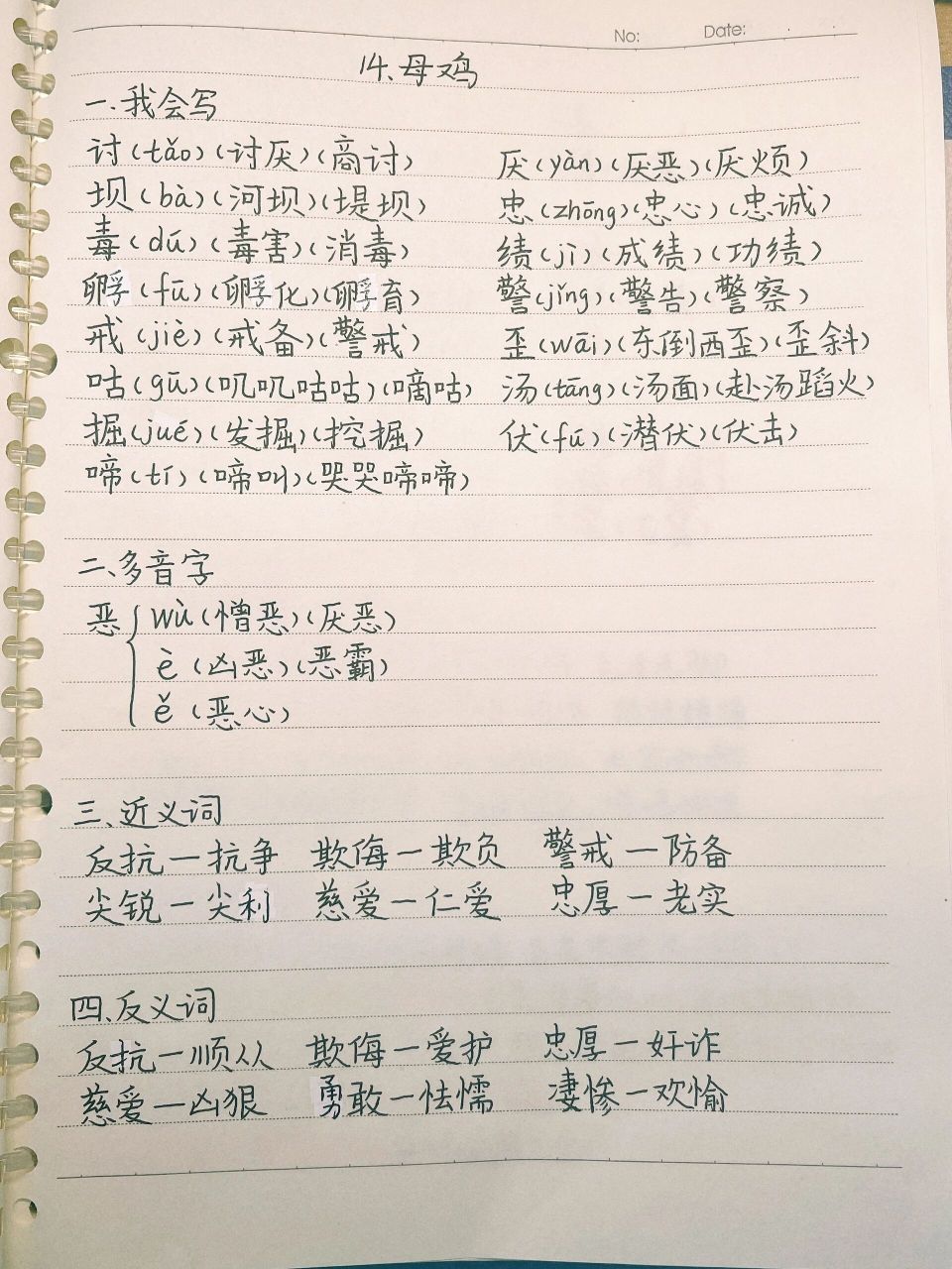 四下语文课堂笔记第13课《母鸡》 语文笔记,持续更新