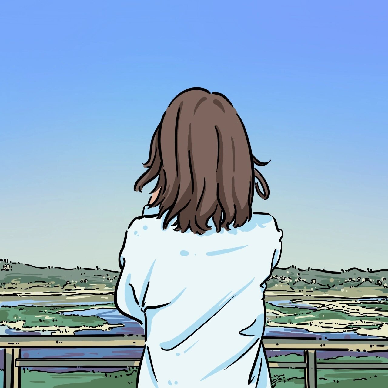 海滩女生背影手绘头像定制卡通漫画微信约稿