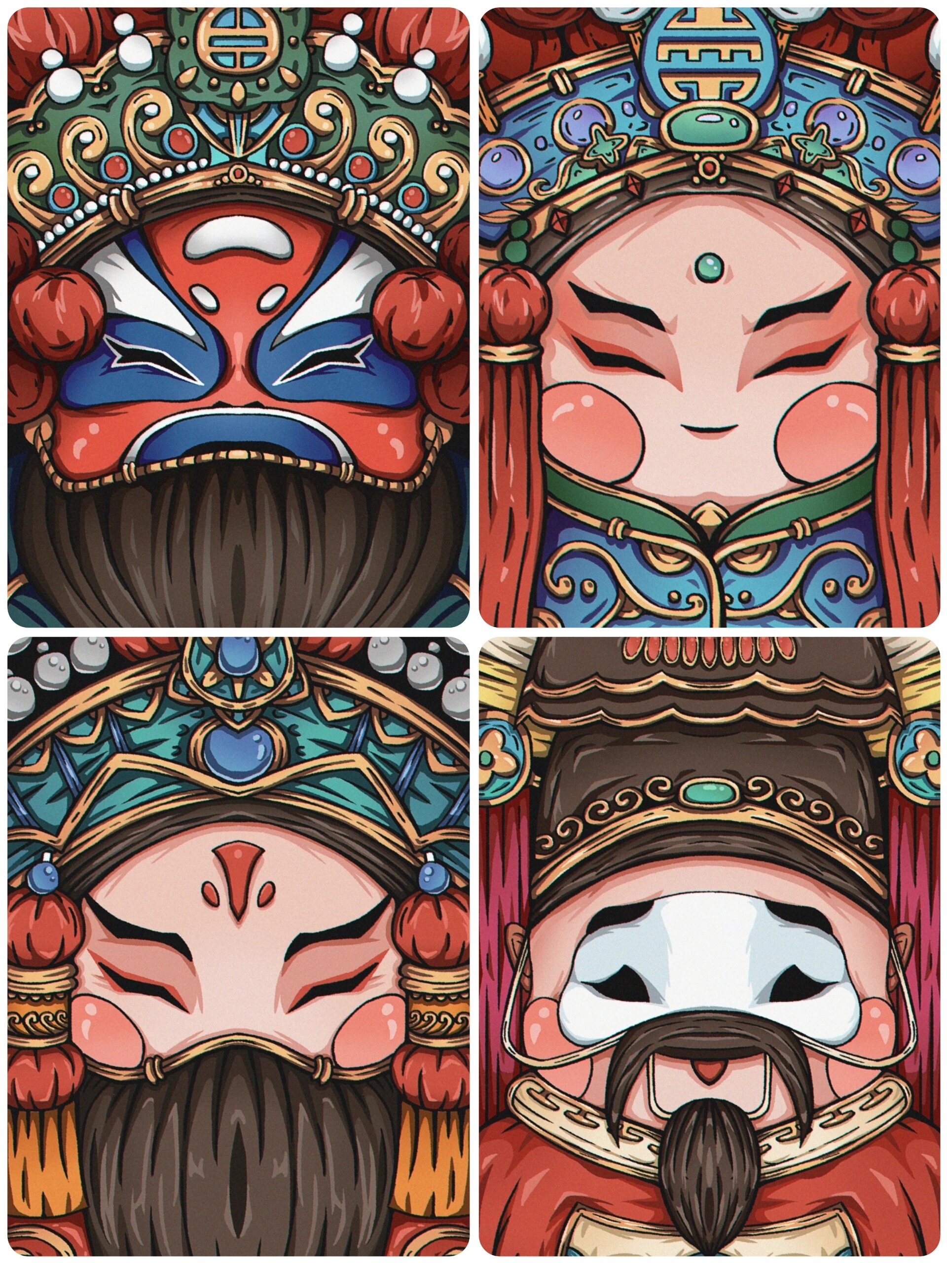 q版人物京剧脸谱手绘插画素材图①
