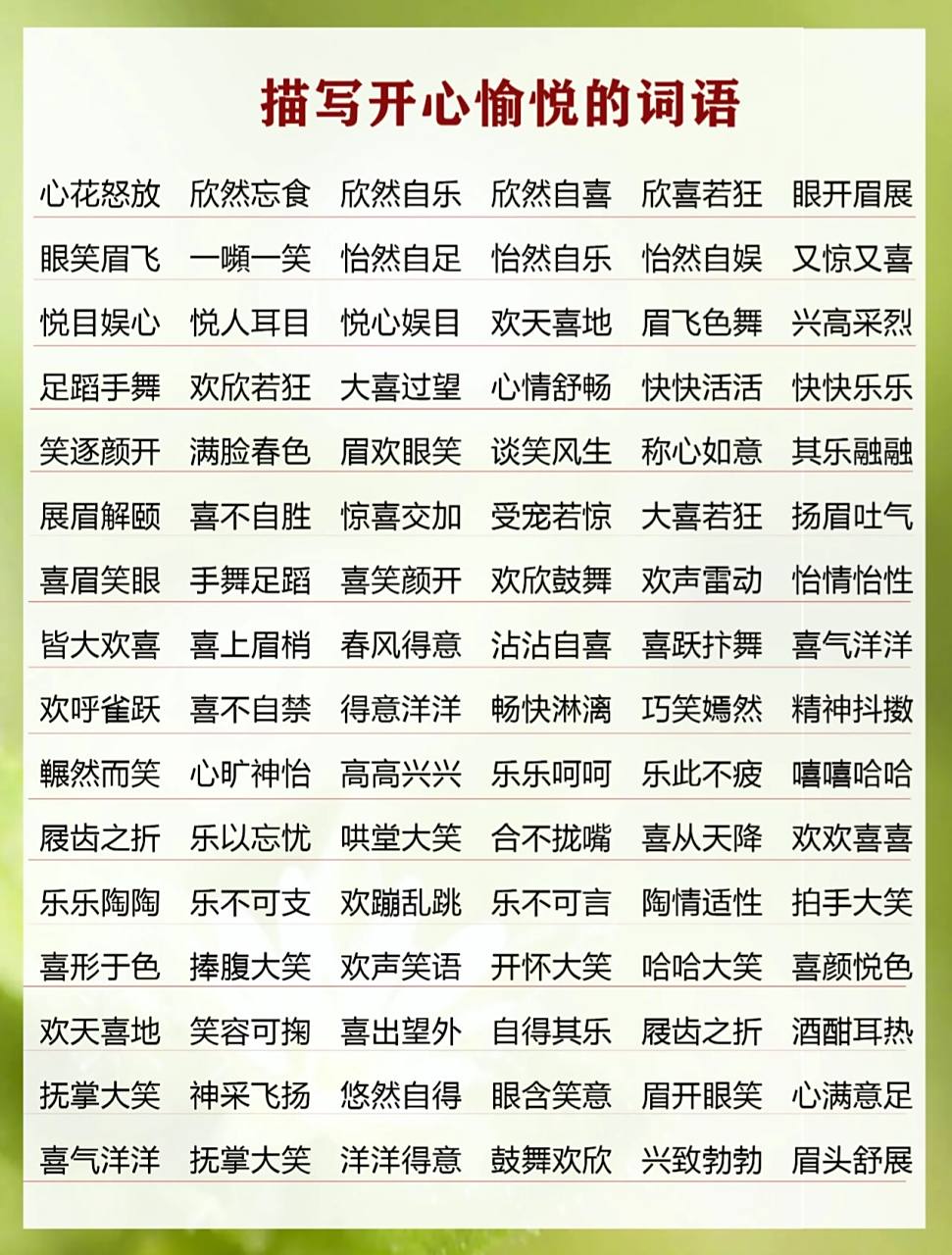 78好词积累:描写开心,心情愉悦的四字词语 搜集整理了一篇描写心情