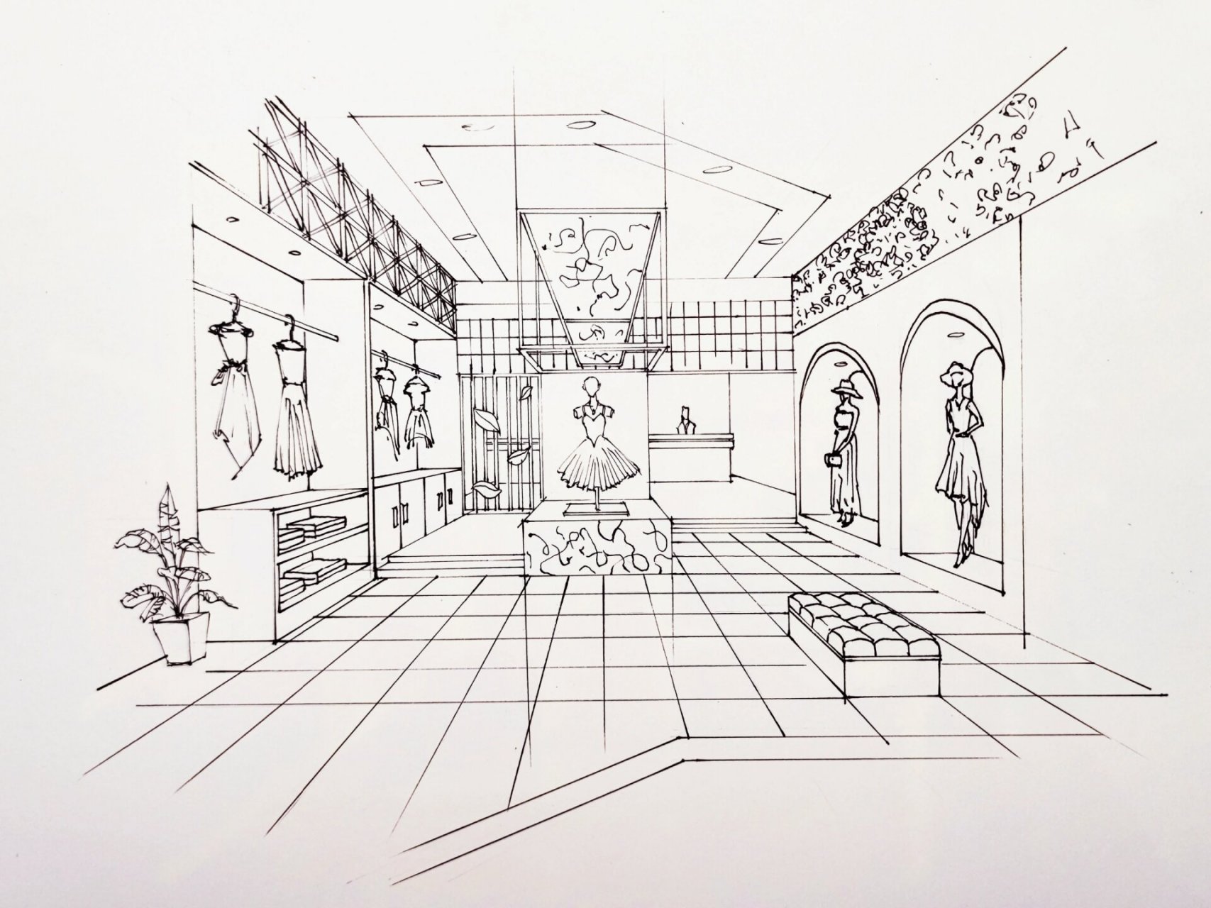 绿色系服装店展示空间 手绘效果图 带线稿 是作业 加了很多自己的想法