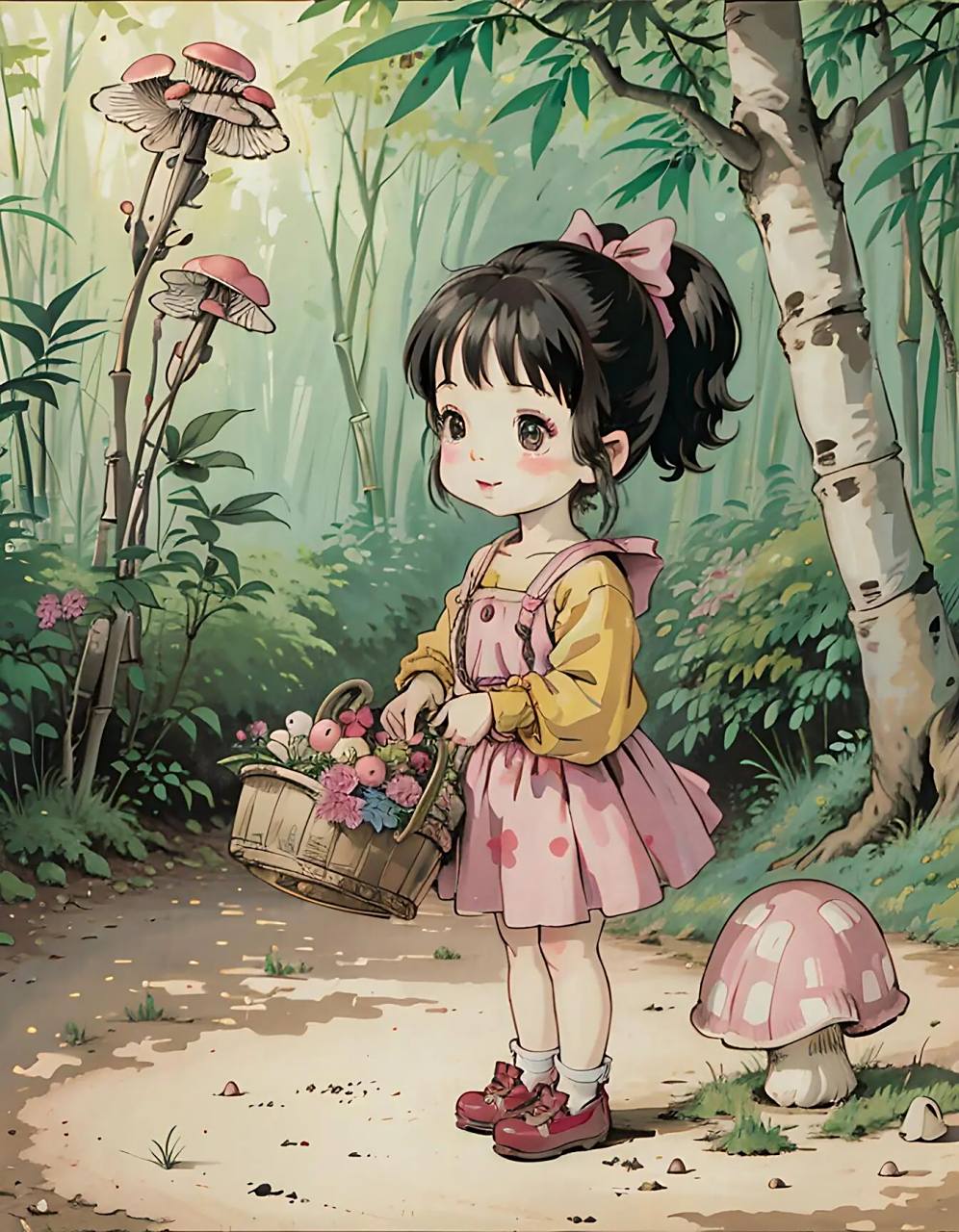 童年治愈系 采蘑菇的小姑娘