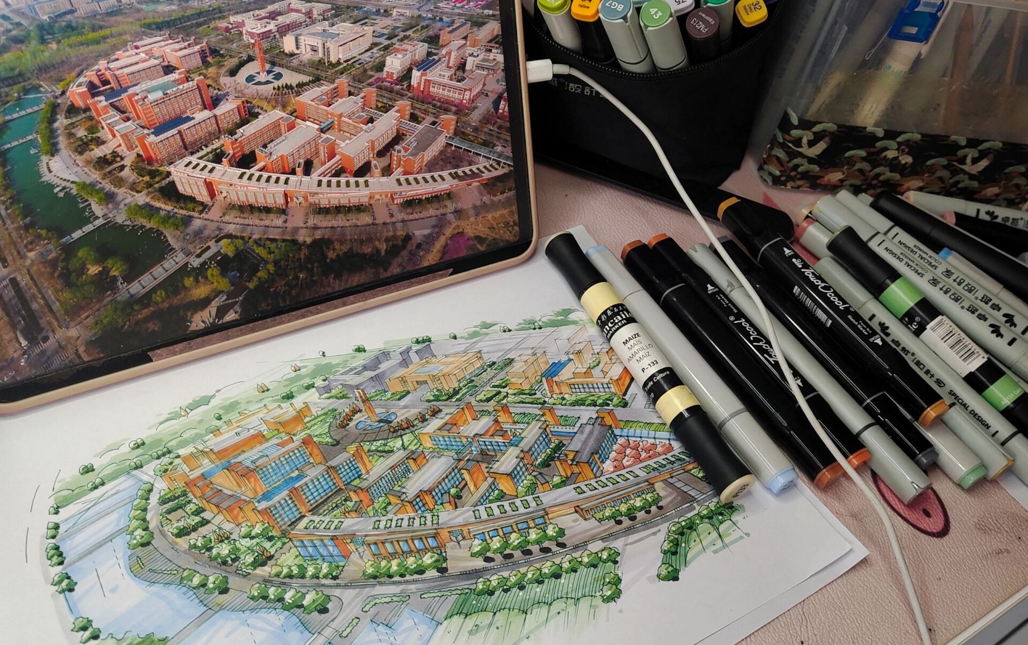 「手绘篇」鸟瞰图写生 景观设计|城市规划设计鸟瞰图场景线稿 马克笔