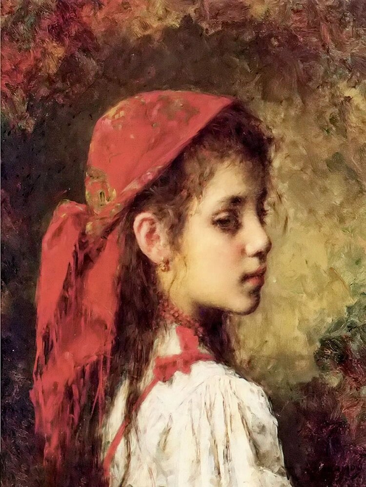 油画欣赏6《戴红色头巾的少女》