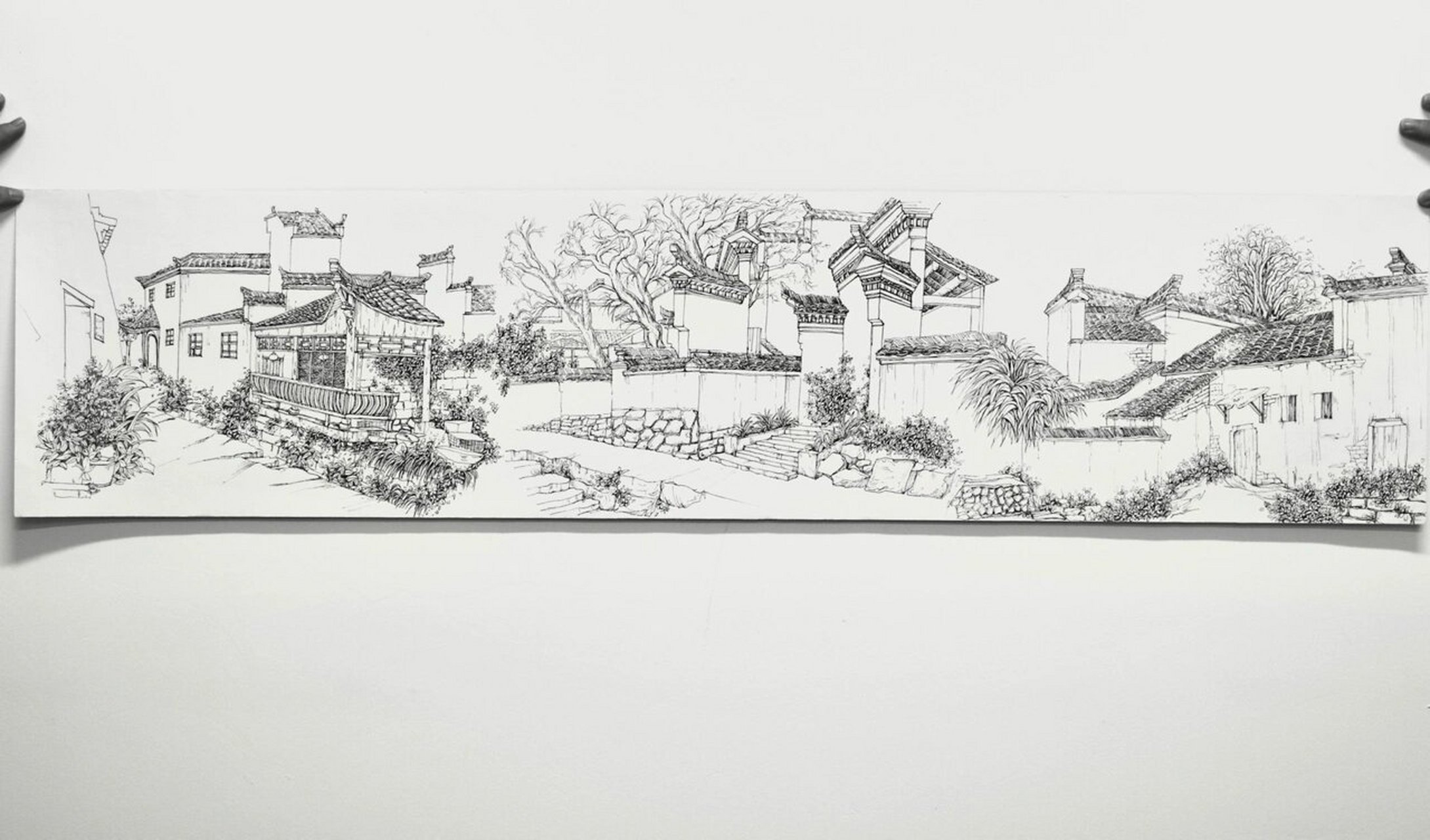 宏村屏山写生|速写长卷 针管笔风景写生