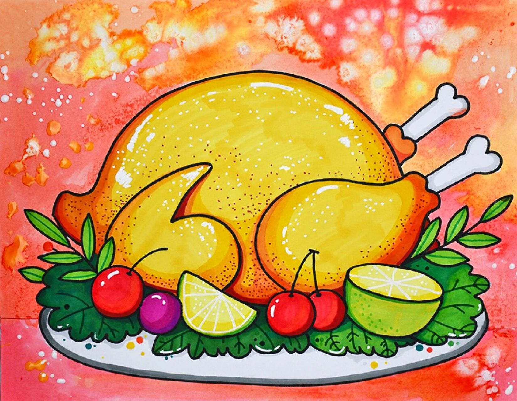 儿童画教程|感恩节美食之烤火鸡 【教学重难点】  画一盘火鸡:描绘出