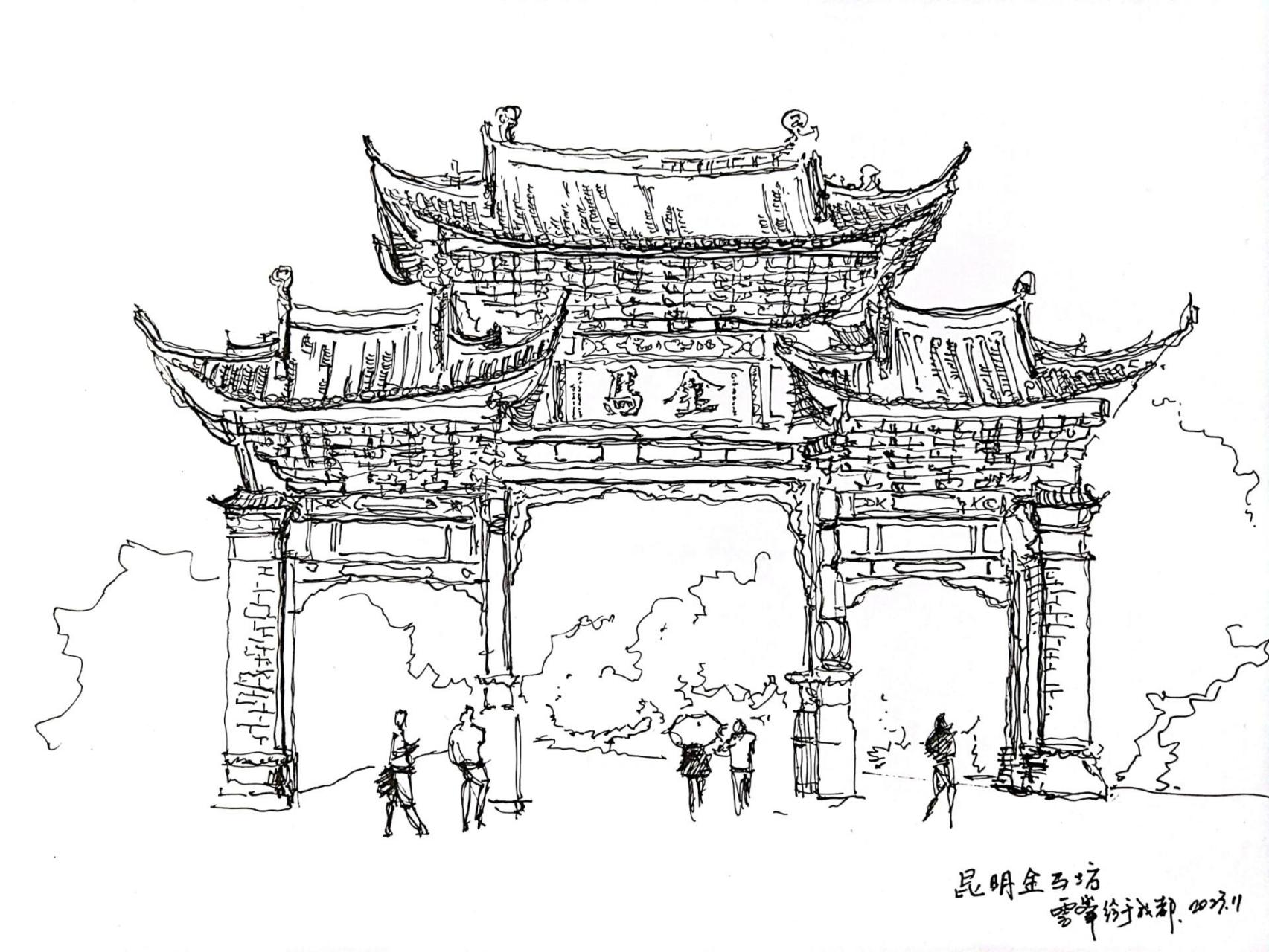 宽18米,雕梁画栋精美绝伦,东坊临金马山而名为金马坊,西坊靠碧鸡山而