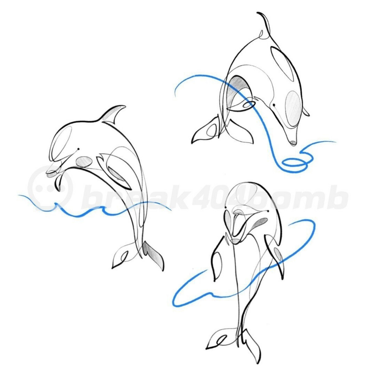 海豚金鱼鲸鱼等纯净的动物线条纹身手稿 寓意自己能有保持纯净之心,也