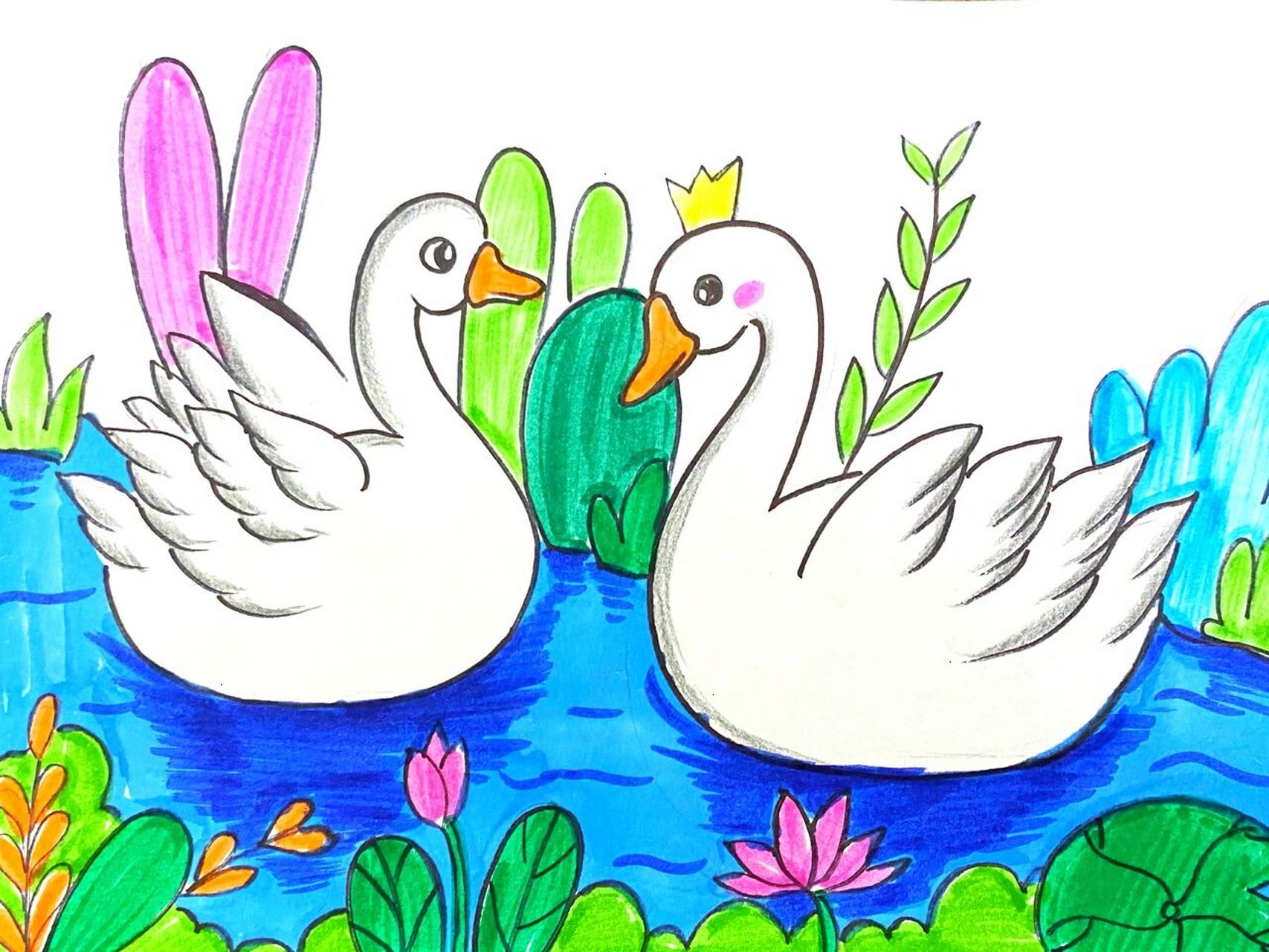 马克笔# #儿童画# #卡通画# #天鹅儿童画# #天鹅湖儿童画# #天鹅卡通