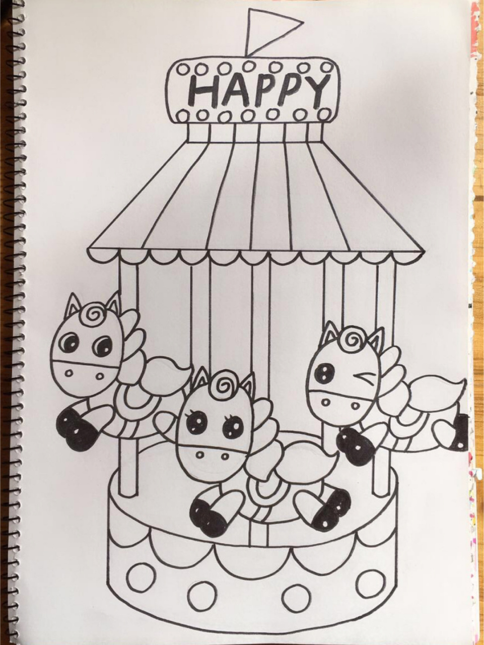 手绘马克笔/儿童画/备课/游乐园 【彩虹旋转木马96】 线稿 成品 会