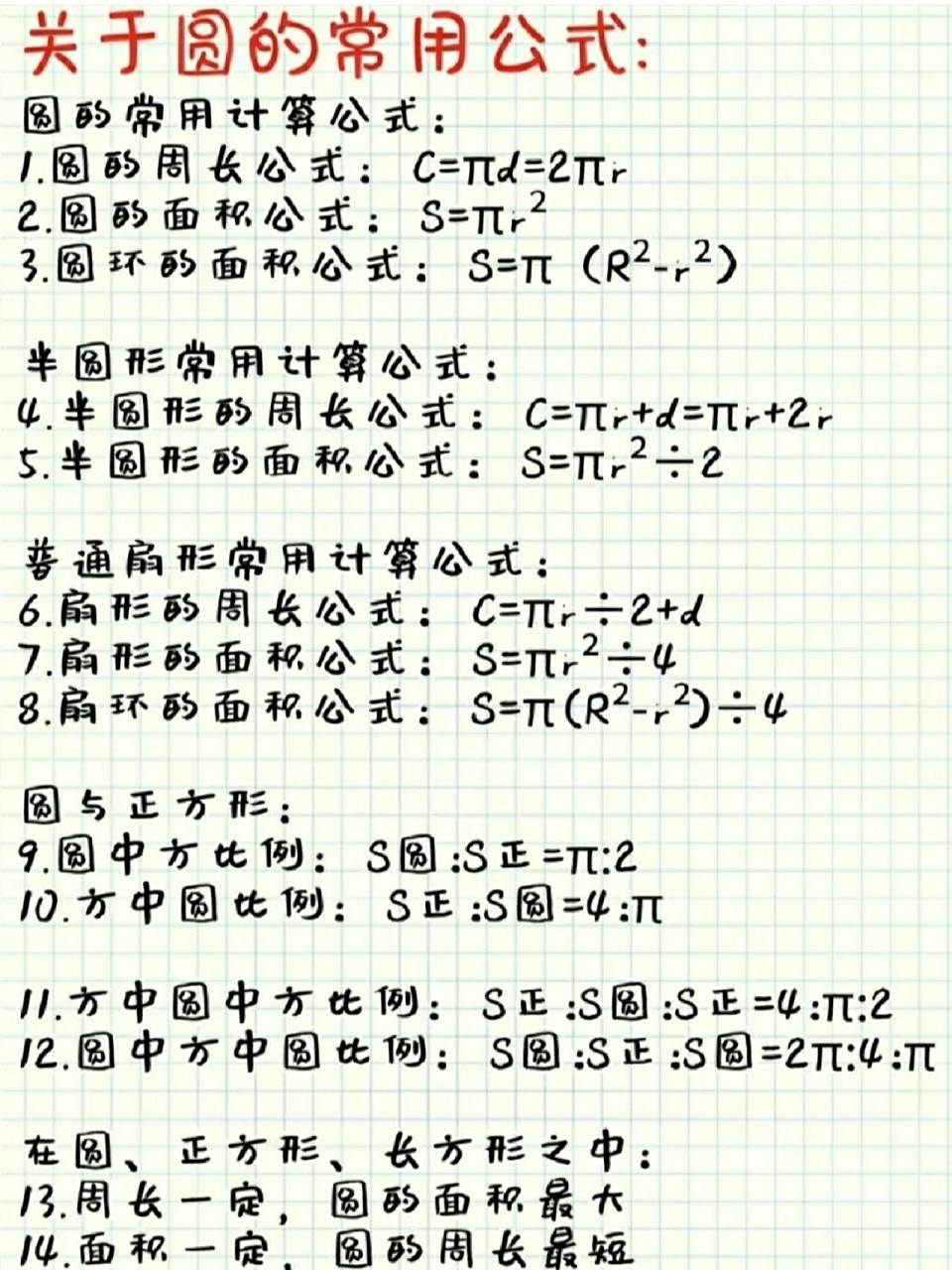 六年级上册圆的所有公式