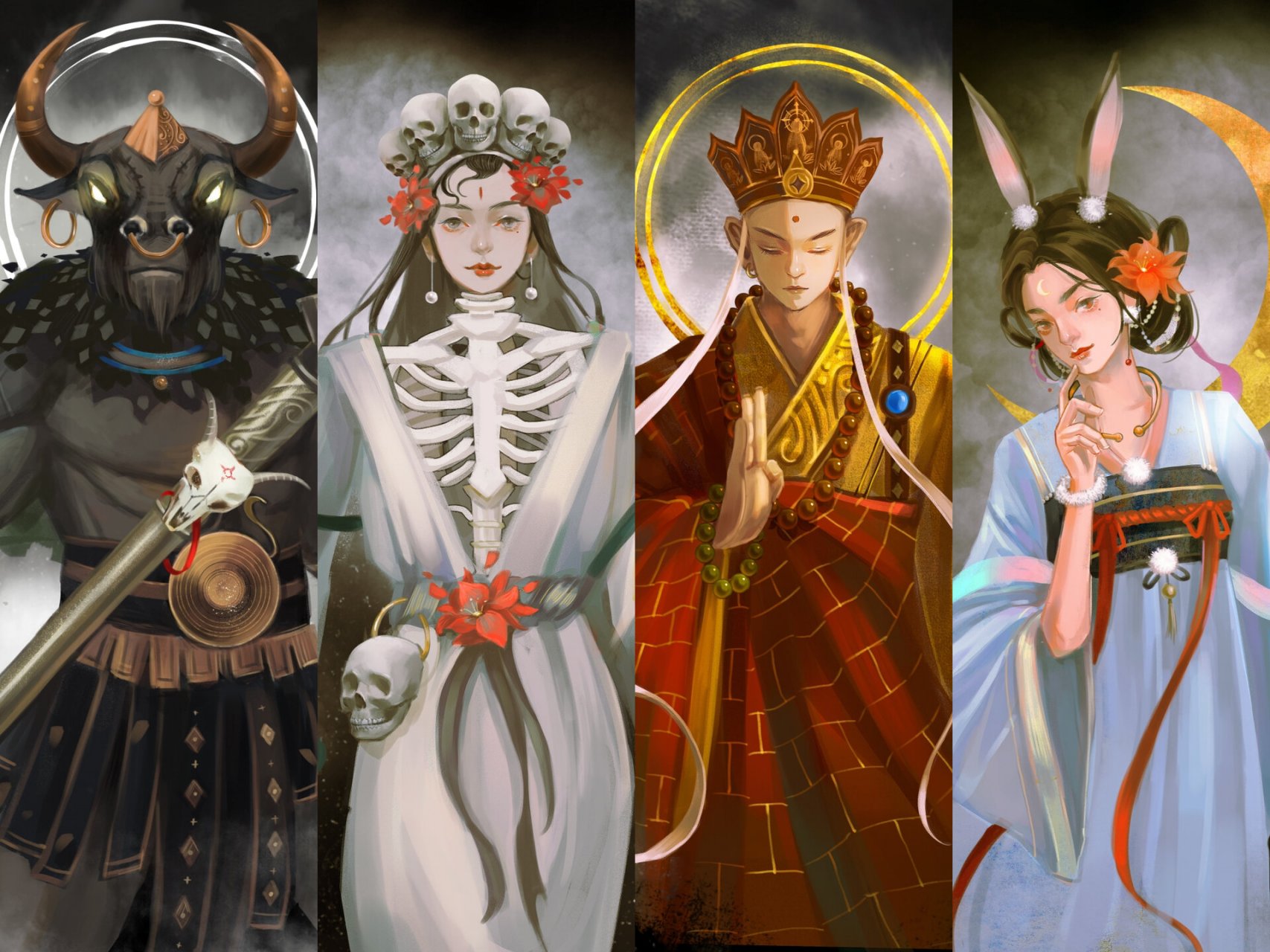 《西游记》系列人物插画 白骨精/玉兔精/唐僧/牛魔王 	 画了一组角色