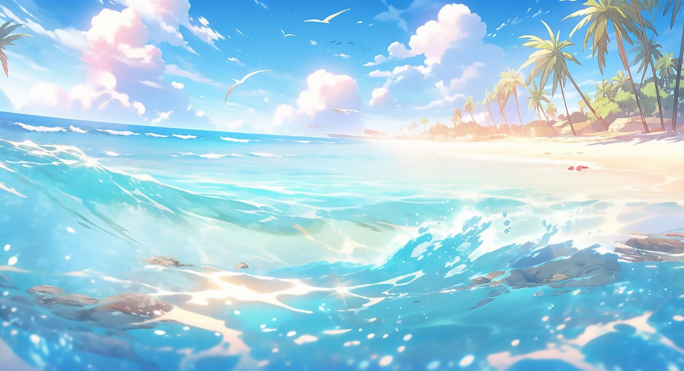 插画——精选蓝天白云下的卡通海边度假场景 9090今天跟大家分享