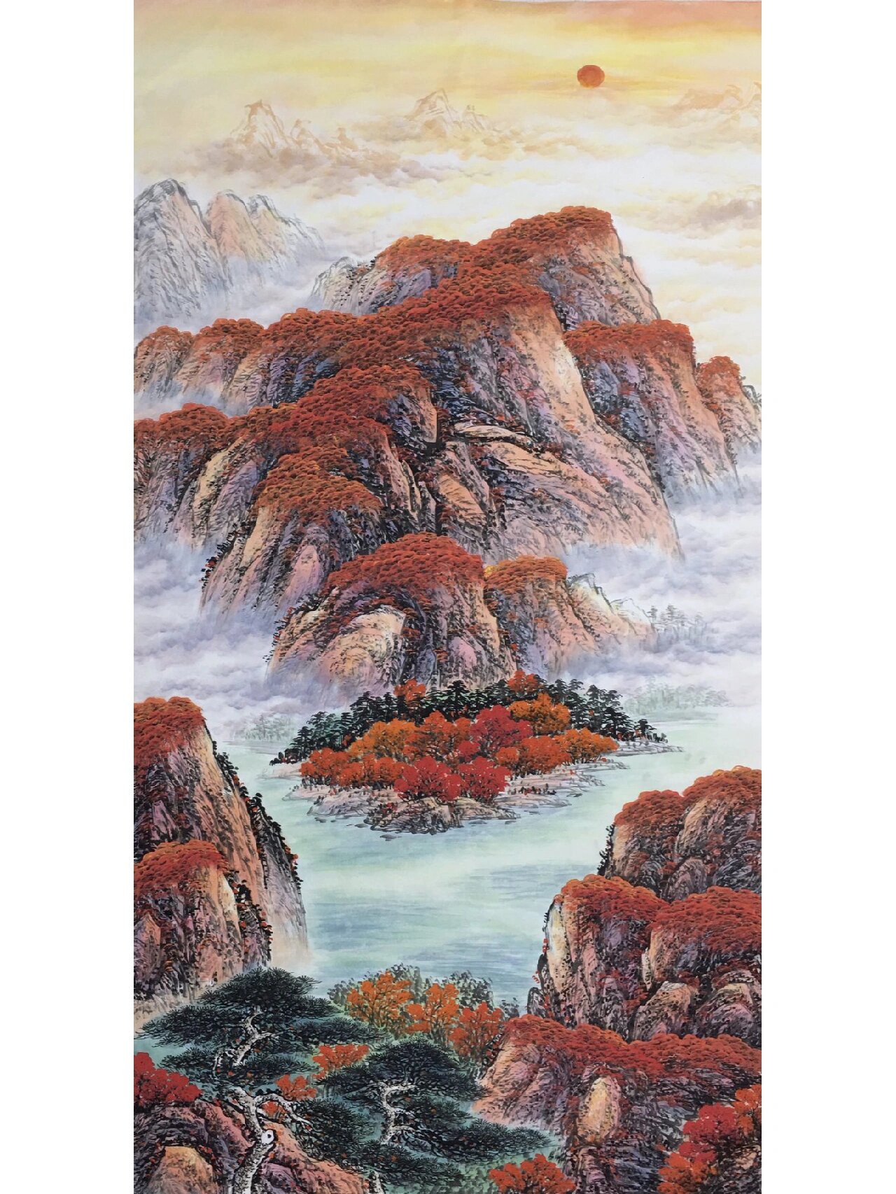 精品竖幅大六尺红山水《鸿运当头