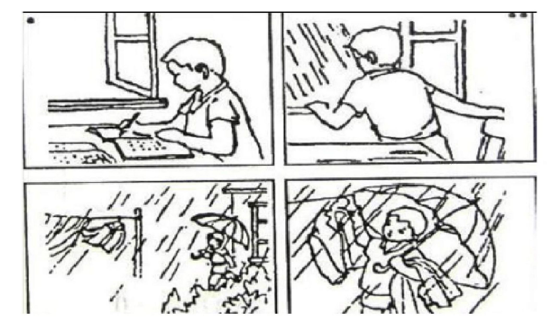 看图写话 收衣服 放学了,小刚一回家就打开书包,拿出今天的作业,坐在