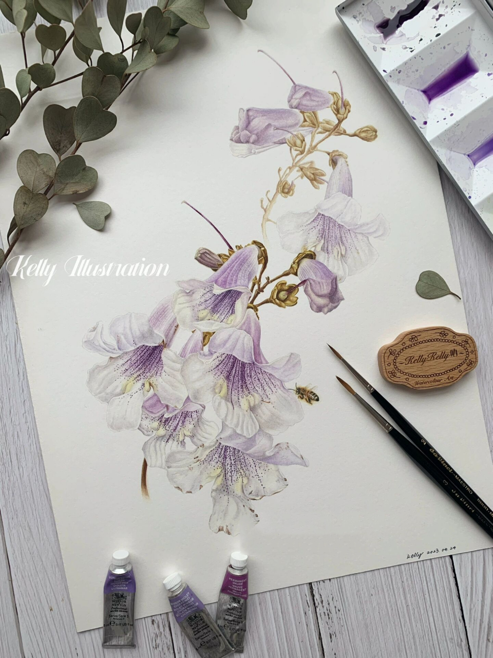 水彩手绘～泡桐花 ～ 一直都想画泡桐花在树枝上摇曳的姿态,无奈树太