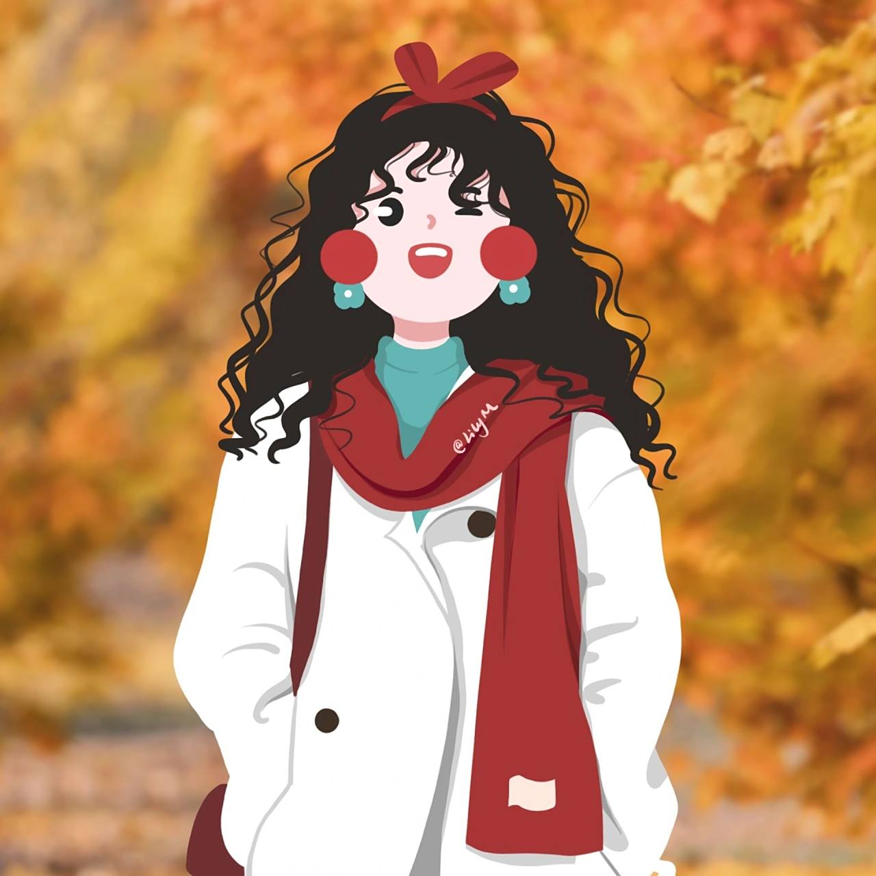 女生头像|带围巾的羊毛卷女孩 霓虹闪烁下,等待初雪