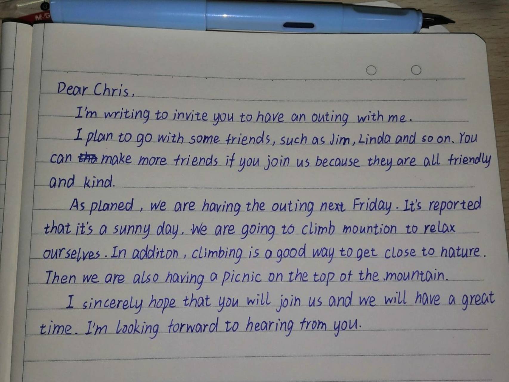 我写信邀请你和我一起去郊游.